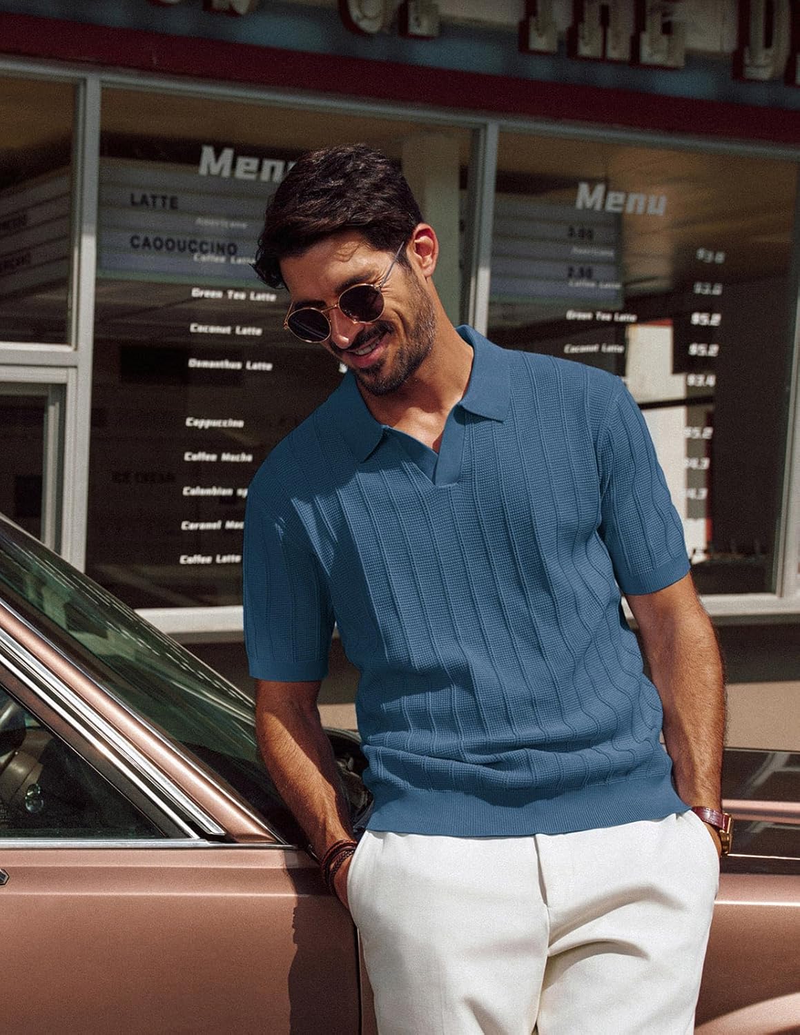 PJ PAUL JONES Mens Polo Shirts V-Neck Knit Polo Textured Summer Shirts - Image 3