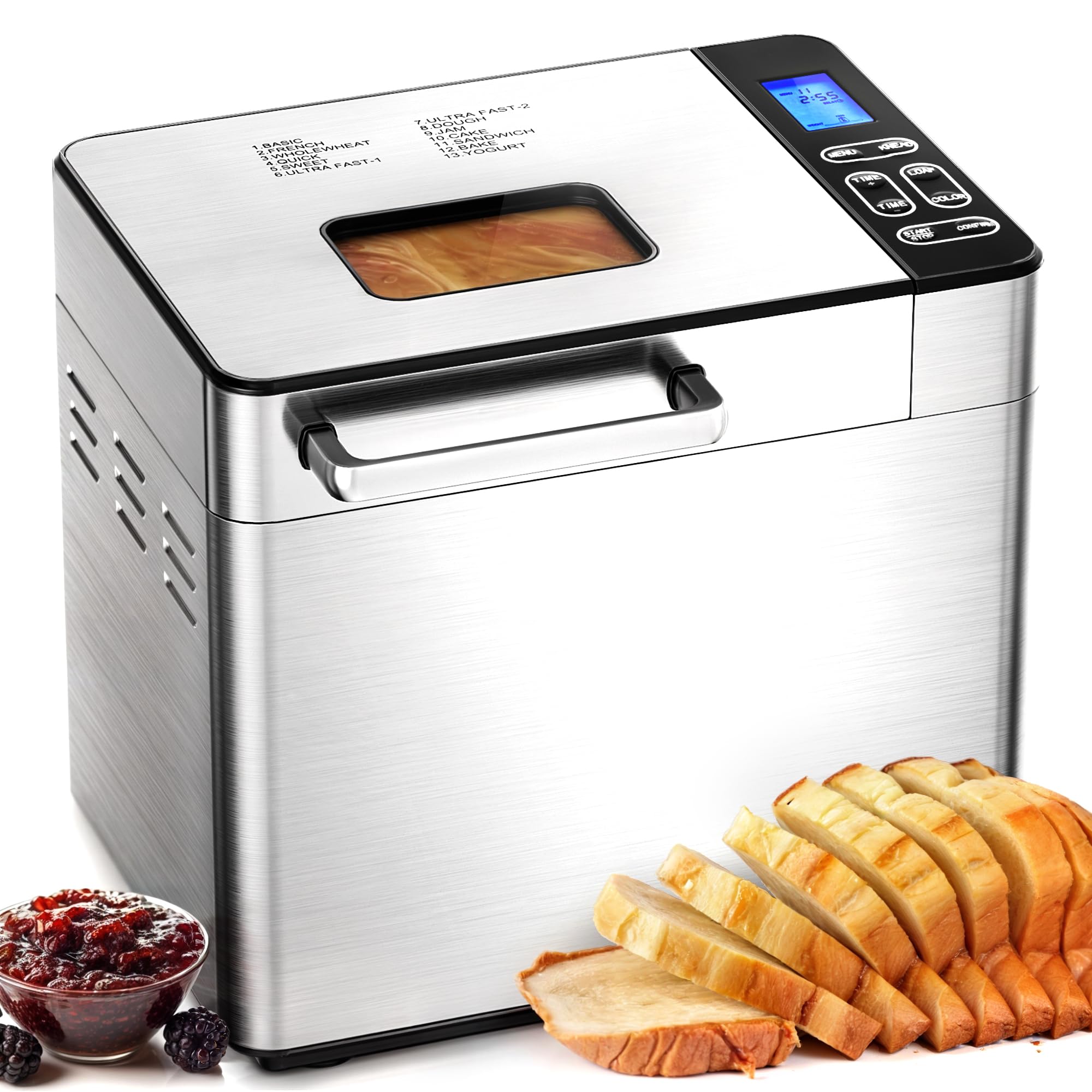 EUHOMY Bread Maker Machine 13 Program 2LB Bread Maker, Bread Machine with 3 Loaf Sizes and 3 Crust Colors, Breadmaker with Fruit & Nut Dispenser,Ideal for Family Gifts, Gluten Free