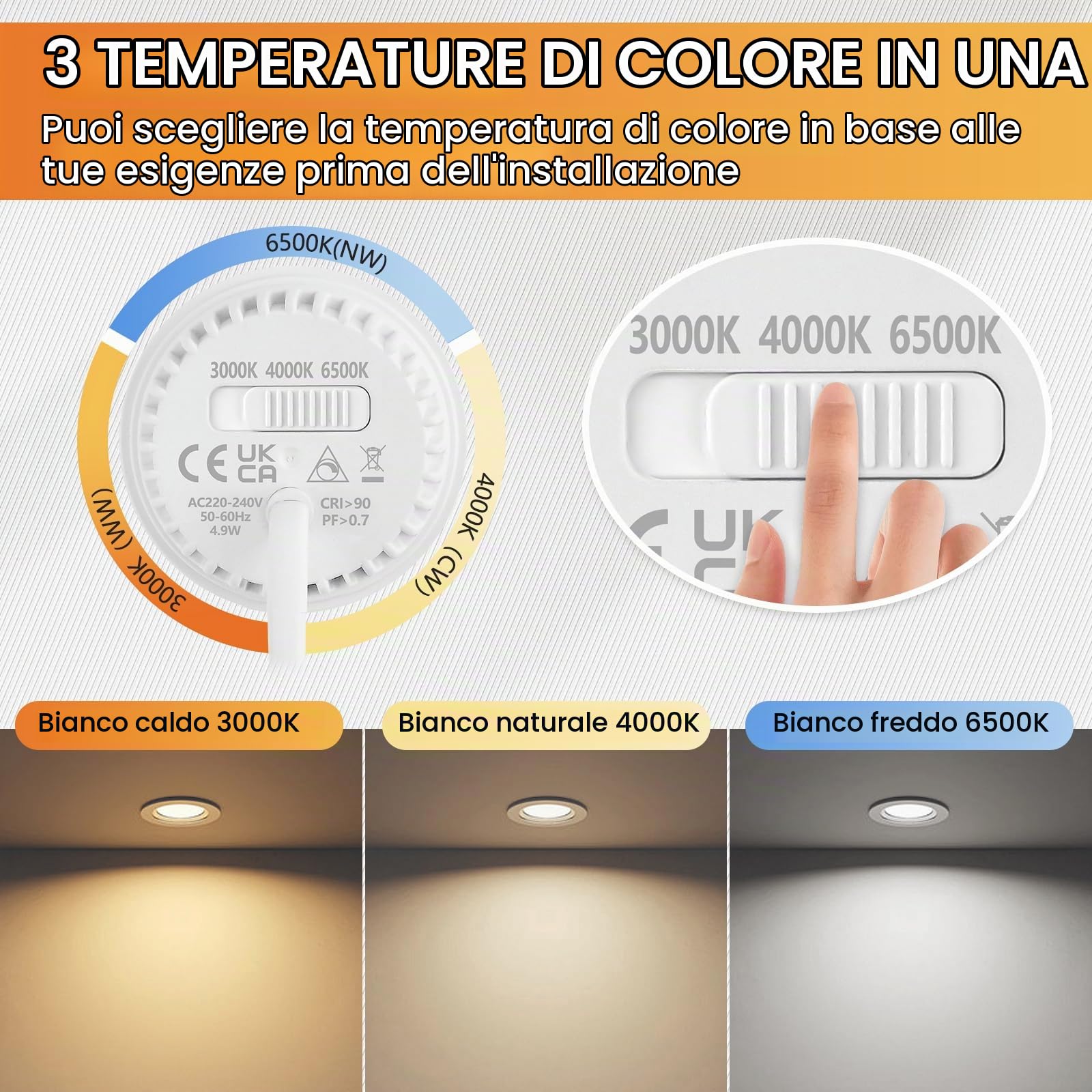 KYOTECH 10x Modulo LED Ultrapiatto ø50x23mm Dimmerabile 3CCT Bianco caldo 3000K Bianco naturale 4000K Bianco freddo 6500K Sostituzione per MR16 GU10,120°per faretti da incasso a soffitto plafoniere