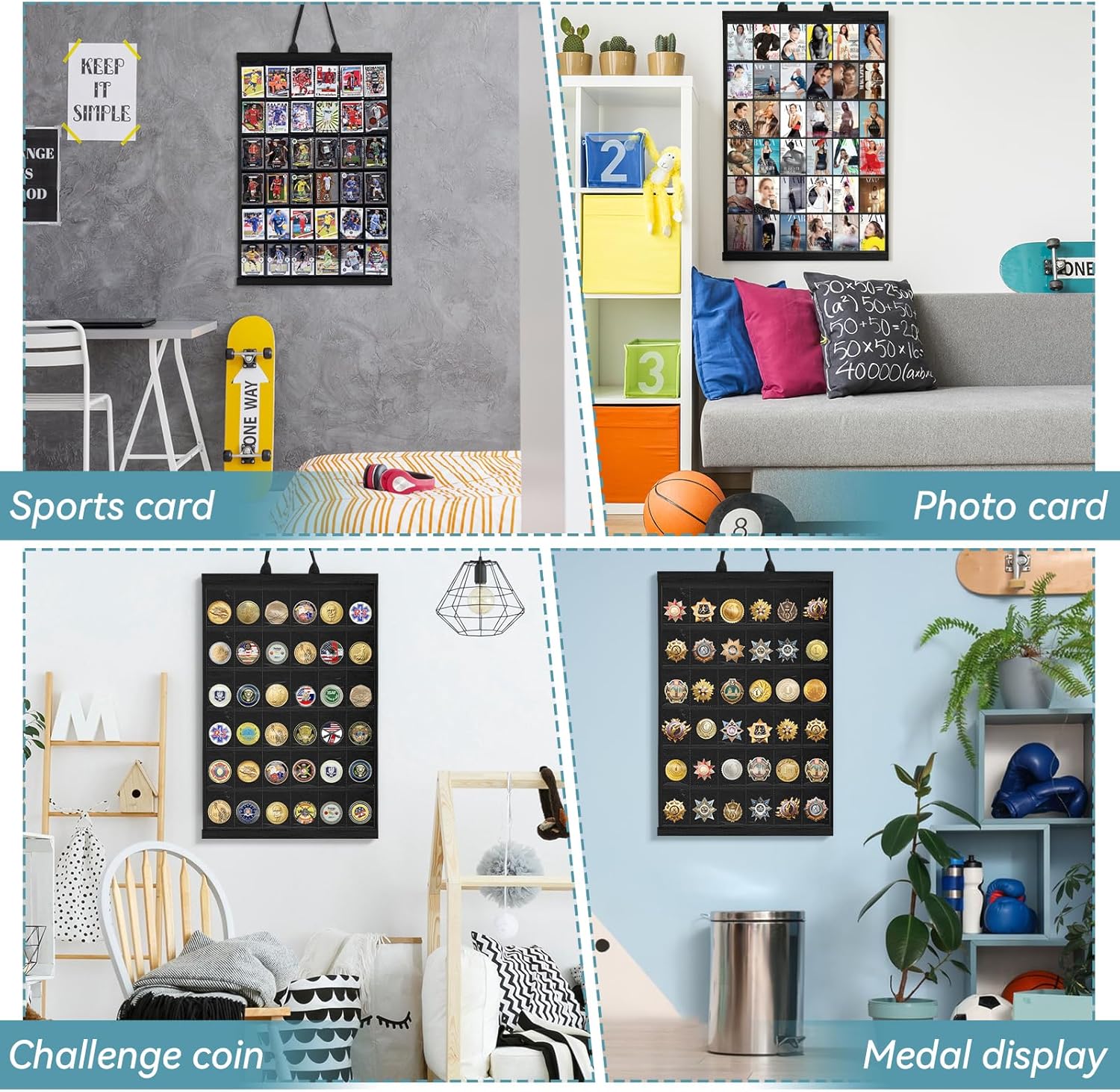 36 Pocket Card Display Wall Hanging, Solid Wood Frame Trading Card Display with Clear PVC Pockets, for Baseball Football Cards, Photo Cards, Challenge Coins, Black