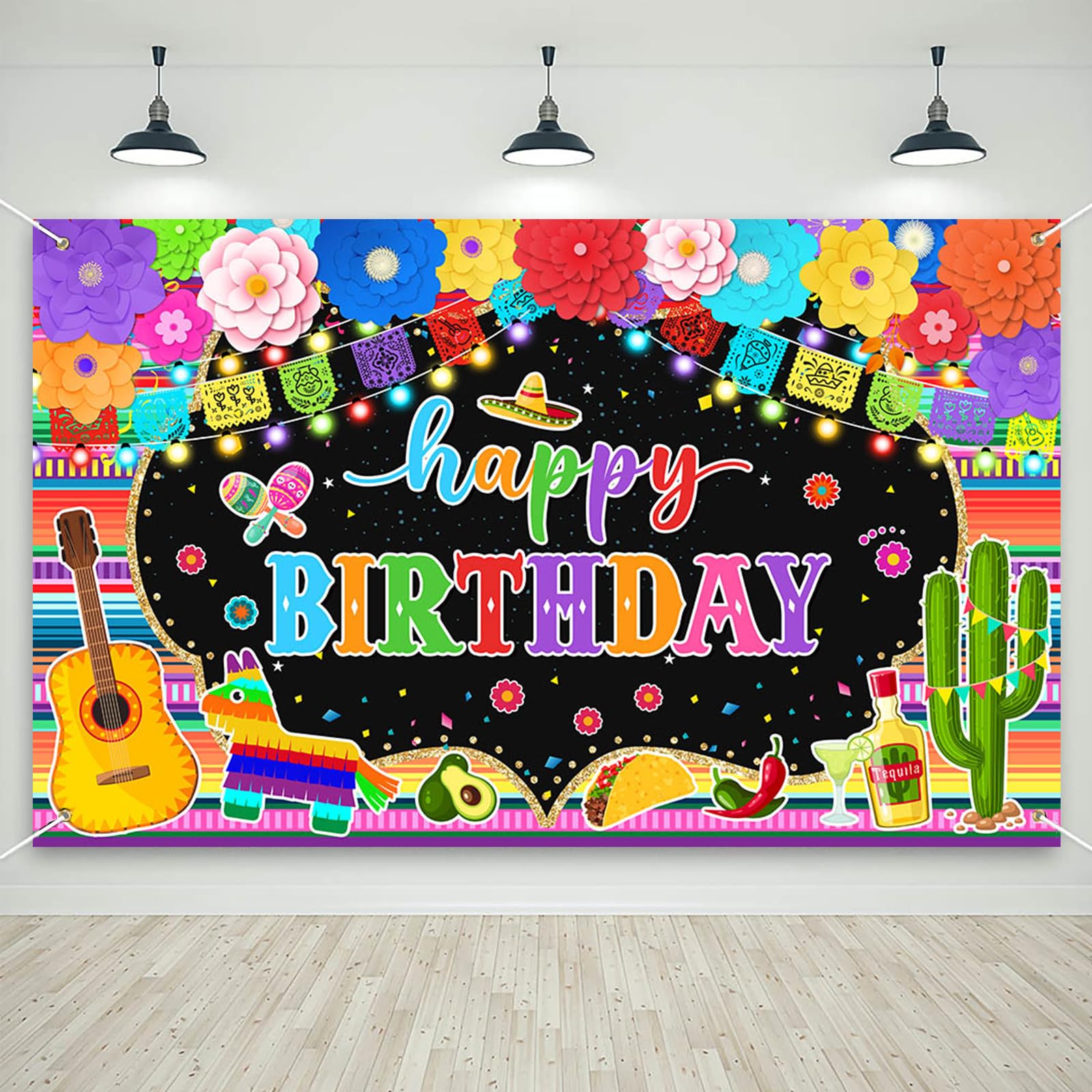 Mocsicka Fiesta Birthday Party Banner Cinco De Mayo Happy Birthday Banner Backdrop Mexcian Party Decorations Photo Booth Props, 70.8 x 43.3 Inch (70.8