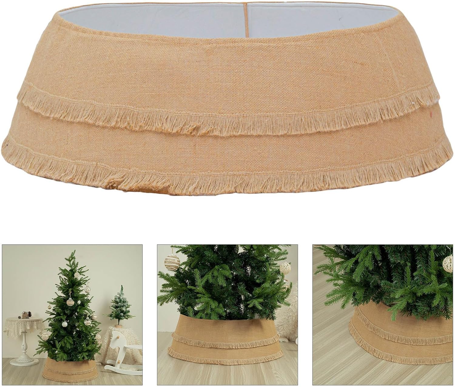 Traditional Burlap Christmas Tree Skirt Quick Assembly Polyester Base Cover with Layered Decor Christmas Tree Skirt Burlap