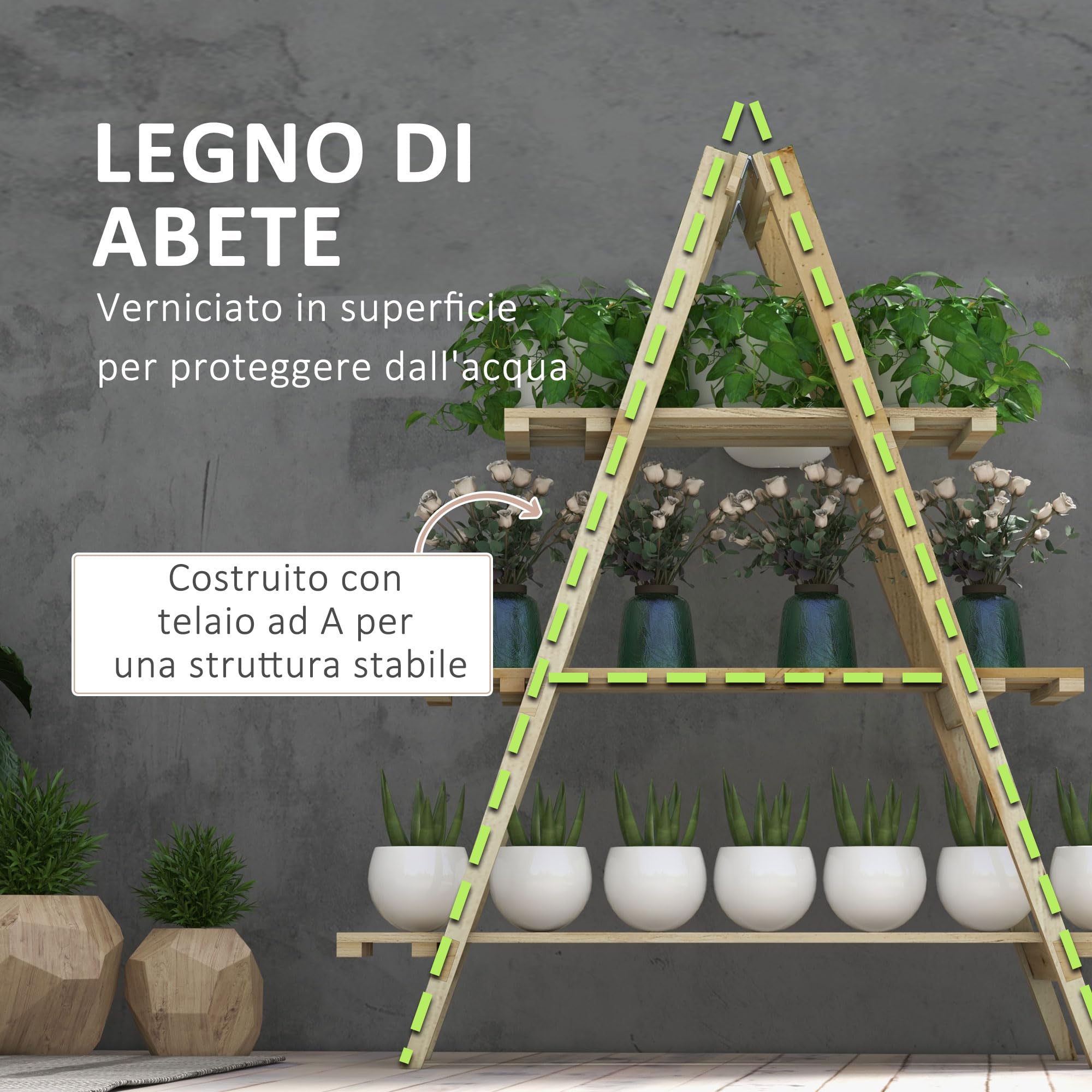 Outsunny Scaffale Porta Piante Verticale a Doghe 100x36x112 cm Color Legno | 3 Livelli Pieghevole, Fioriera in Legno di Abete, per Esterni