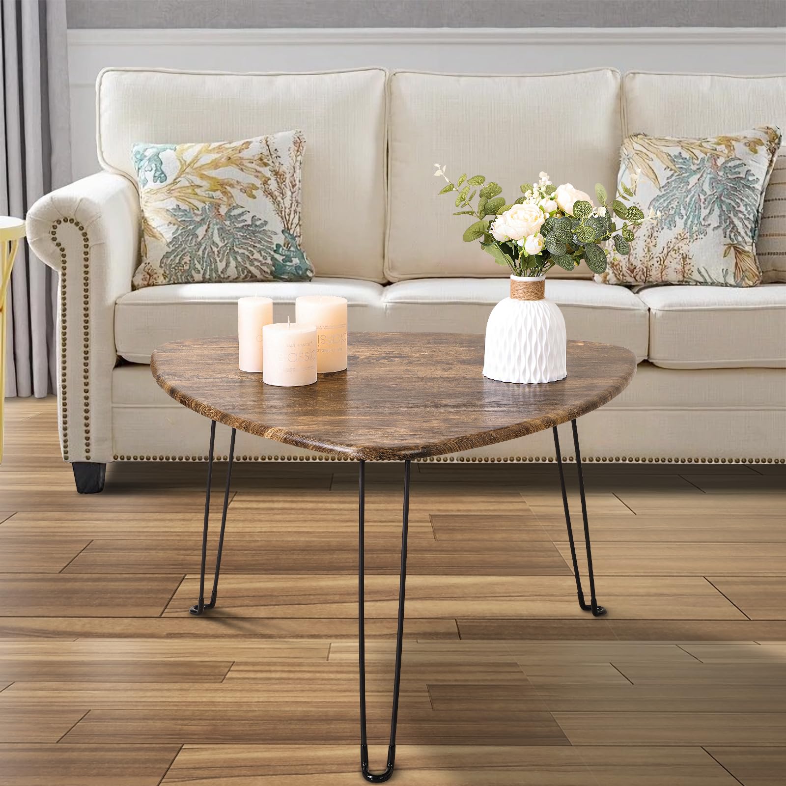 Mesa De Centro Plegable Patrón Triangular, Mesa Decorativa Ovalada De Madera De Medios De Siglo Con Patas De Metal, Tamaño 72D X 72 W X 42,5 H Centímetros