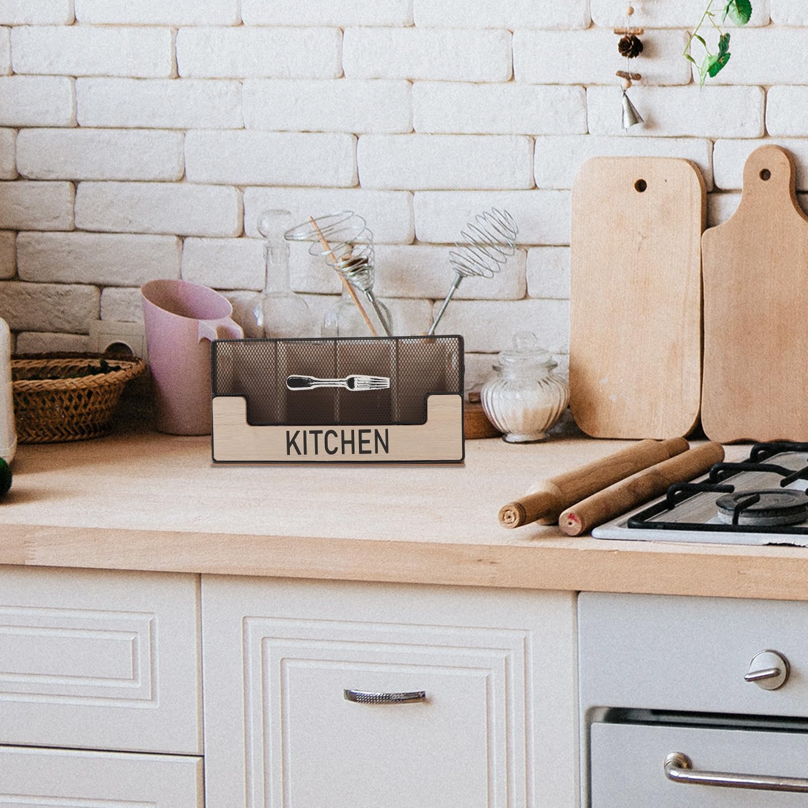 Porta Cubiertos de Madera de Gran Capacidad Compartimentos Múltiples , Caja Organizadora de Vajilla Diseño Rústico y Resistente para Encimeras de Cocina para Uso Diario