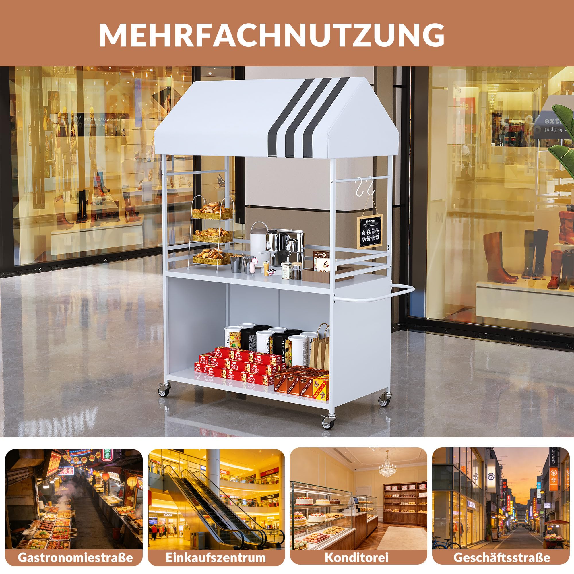 Tragbarer Verkaufswagen mit Überdachung, Mobile Imbisswagen mit feststellbaren Rädern, 190 cm hoher Straßenverkaufsständer für Streetfood, Kaffee, Blumen, Veranstaltungen im Innen- und Außenbereich