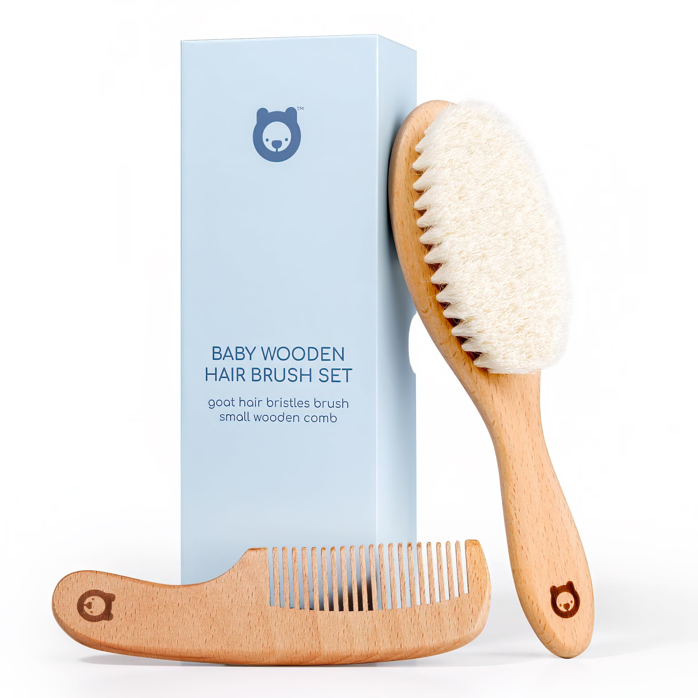 ROMY RO - Set de cepillo y peine de madera para recién nacidos y niños pequeños - Pelo de cabra natural ultrasuave y madera - Elegante caja de regalo (cepillo y peine ovalados)