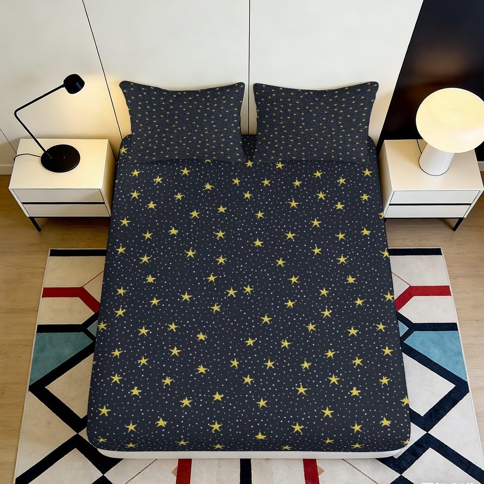 3D Printed Starry Sky Fitted Sheet Microfiber Deep Pocket Bedroom Bedding Set Star Mattress Fitted Cover Washable Mattress Protection 140x200x25cm