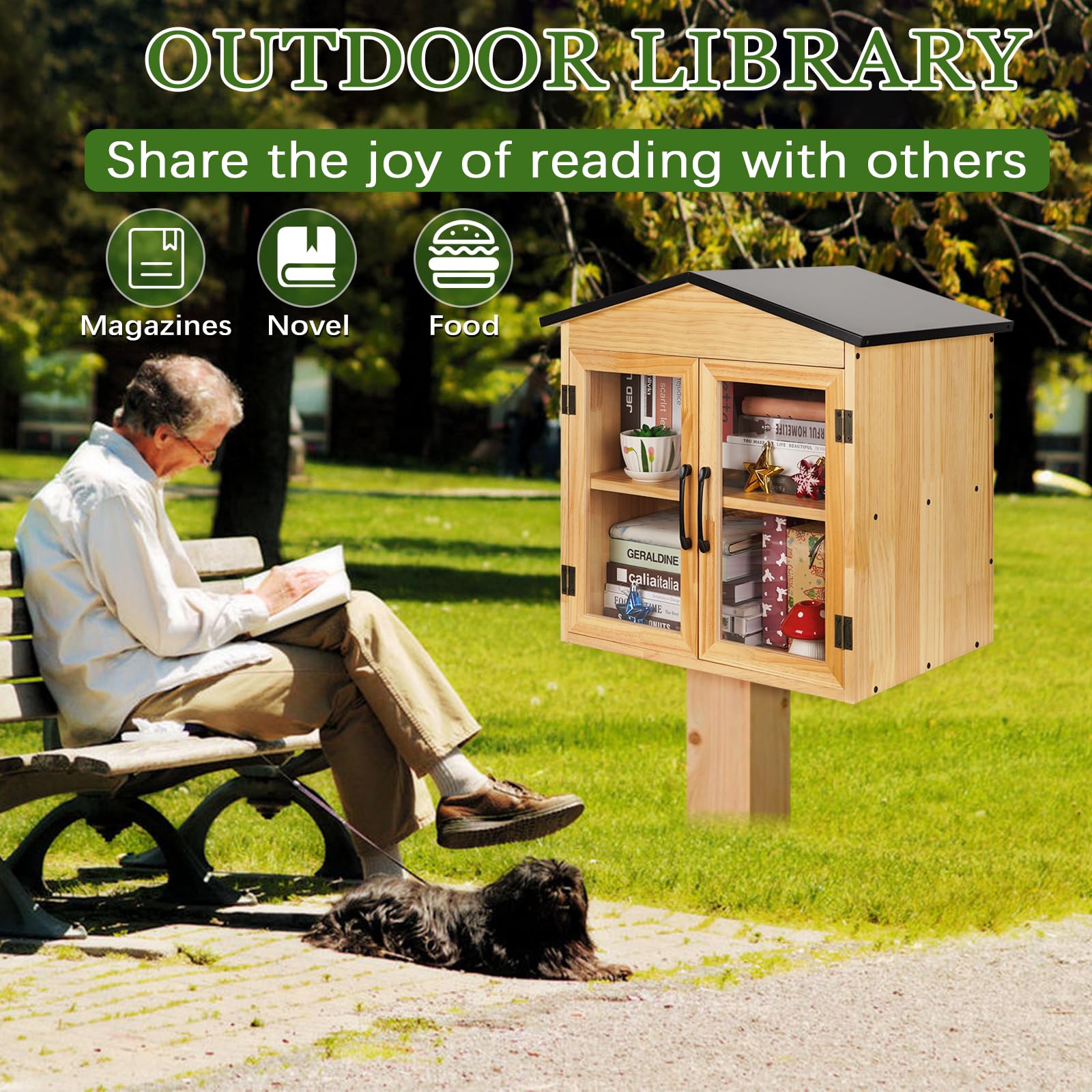Biblioteca al aire libre caja de libros al aire libre pequeño gabinete de madera pequeña caja de literatura para vecindarios, comunidad y escuelas para compartir libros, folletos, periódicos,