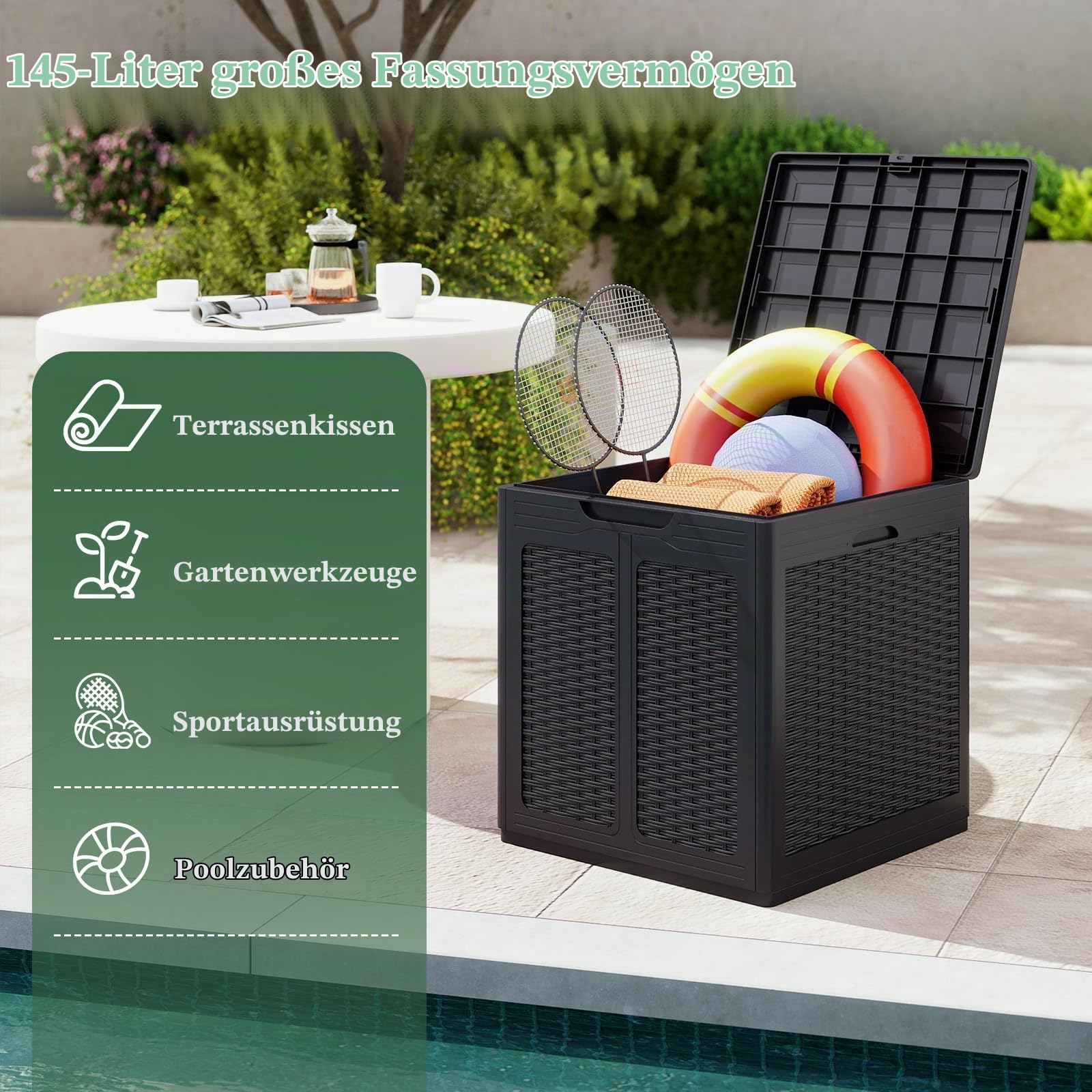 GIANTEX 145 L Auflagenbox, Gartenbox mit abschließbarem Deckel, Kissenbox aus Kunststoff, Outdoor Aufbewahrungsbox für Gartenmöbelauflagen, Gartengeräte & Poolzubehör (Braun)