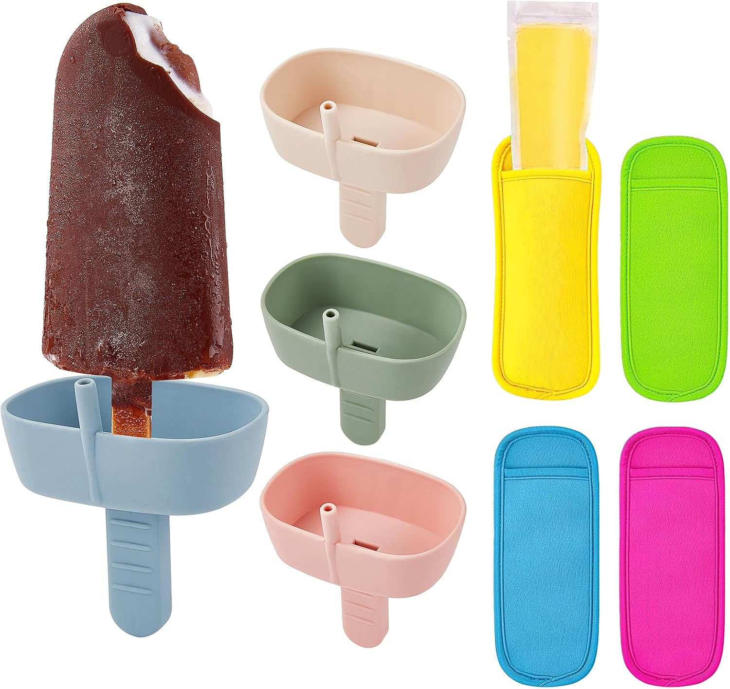 8Pack Popsicle Holders and Ice Pop Sleeves Set for Kids No Drip, AODISTUCE 4Pcs Silicone Popsicle Holders with Straw and 4Pcs Reusable Neoprene Popsicle Sleeves for Toddlers Mess Free Popsicle Holders