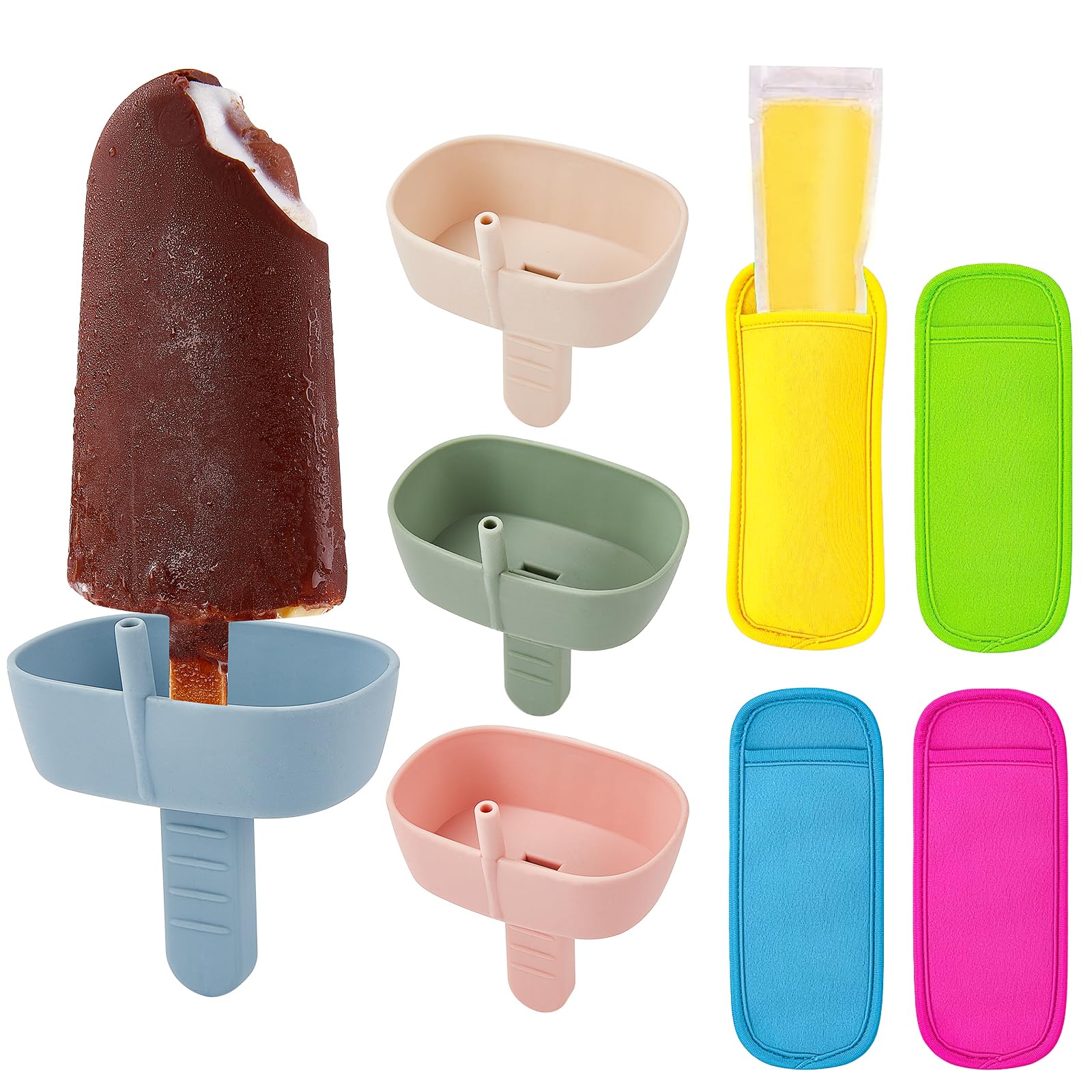 8Pack Popsicle Holders and Ice Pop Sleeves Set for Kids No Drip, Including 4Pcs Silicone Popsicle Holders with Straw and 4Pcs Reusable Neoprene Popsicle Sleeves for Toddlers Mess Free Popsicle Holders