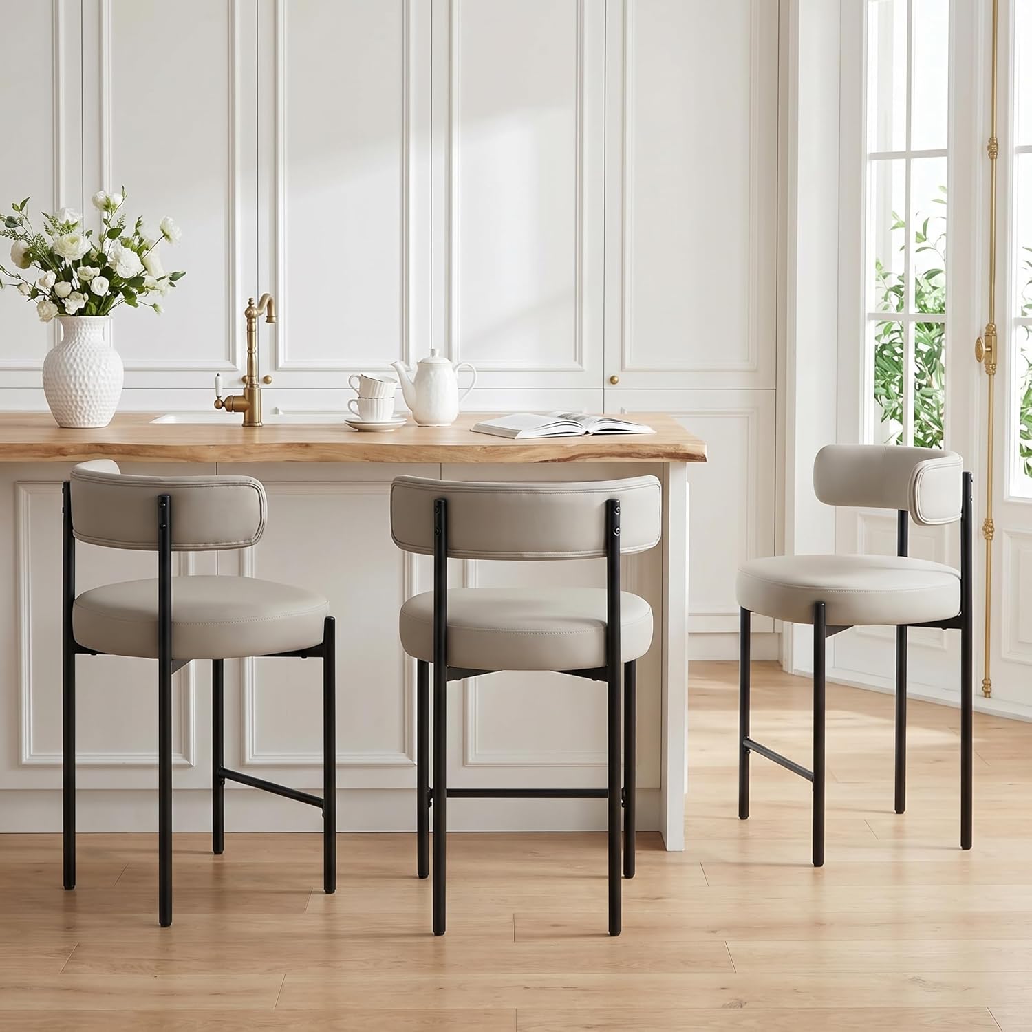 Counter Height Bar Stools Set of 3, 24'' Faux Leather Bar Stools with Back, Mid-Century Modern Bar Chairs for Kitchen Island, Dining Room, Vegan Leather, Beige Grey