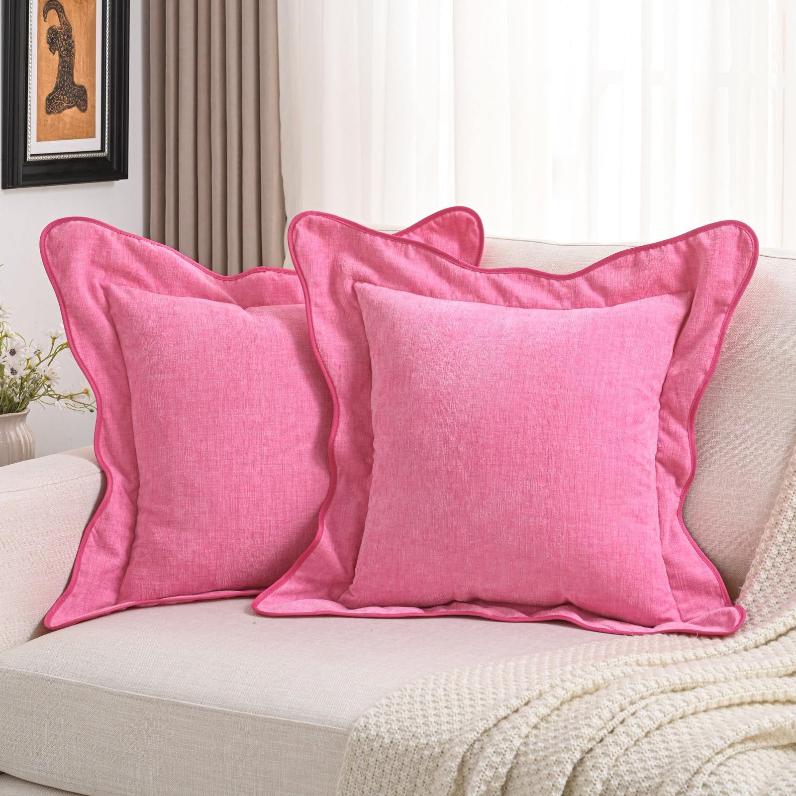 FUTEI Hot Pink Decorative Throw Pillow Covers 24x24 Inch Set of 2,Double Stitch Scalloped Bordered Soft Chenille European Cushion Cases,Modern Home