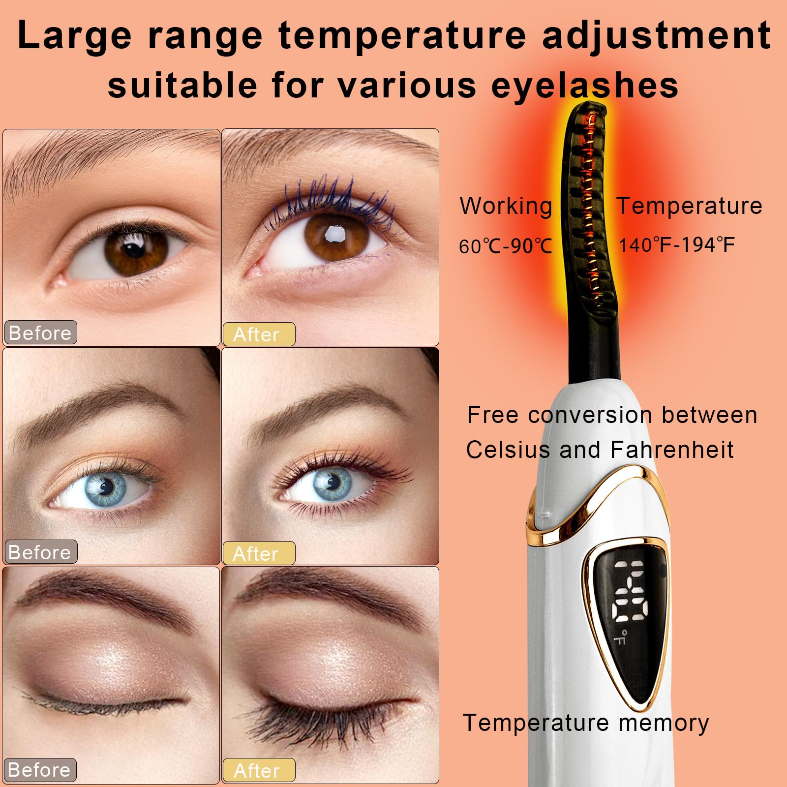 S600 Beheizte Wimpernzange – Genaue Temperatursteuerung, intelligente automatische Abschaltung für natürliches Make-up und langanhaltende Locken (PearlWhite+Gold)