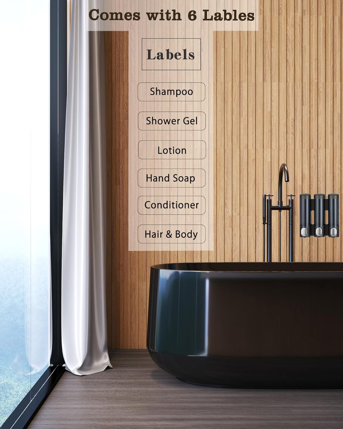 RANKADO Luxury Shower Soap Dispenser 3 Chamber No Drill,Soap Shampoo Conditioner Dispenser Bathroom Wall Mounted with Labels Hotel RV,Black