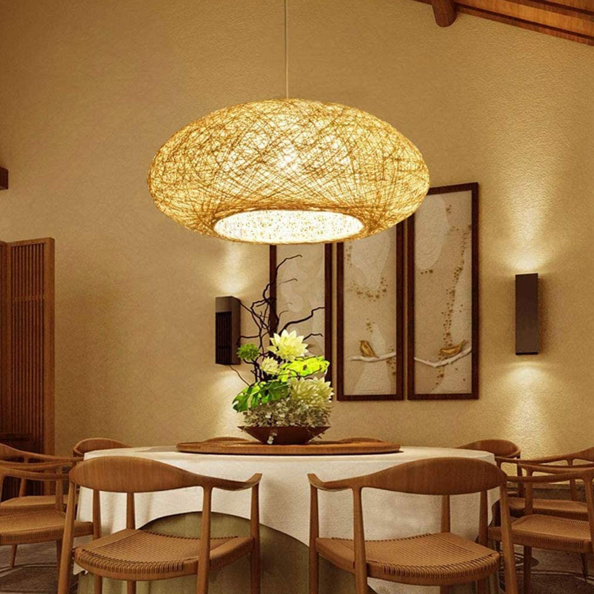 Hangende Licht Retro Hanglamp Hoed Kroonluchter E27 Vintage Hanglampen Natuurlijk Bamboe Geweven Industrieel Hoogte Verstelbaar Woonkamer Eetkamer Cafe Rotan Lampenkap Plafondlicht,50cm
