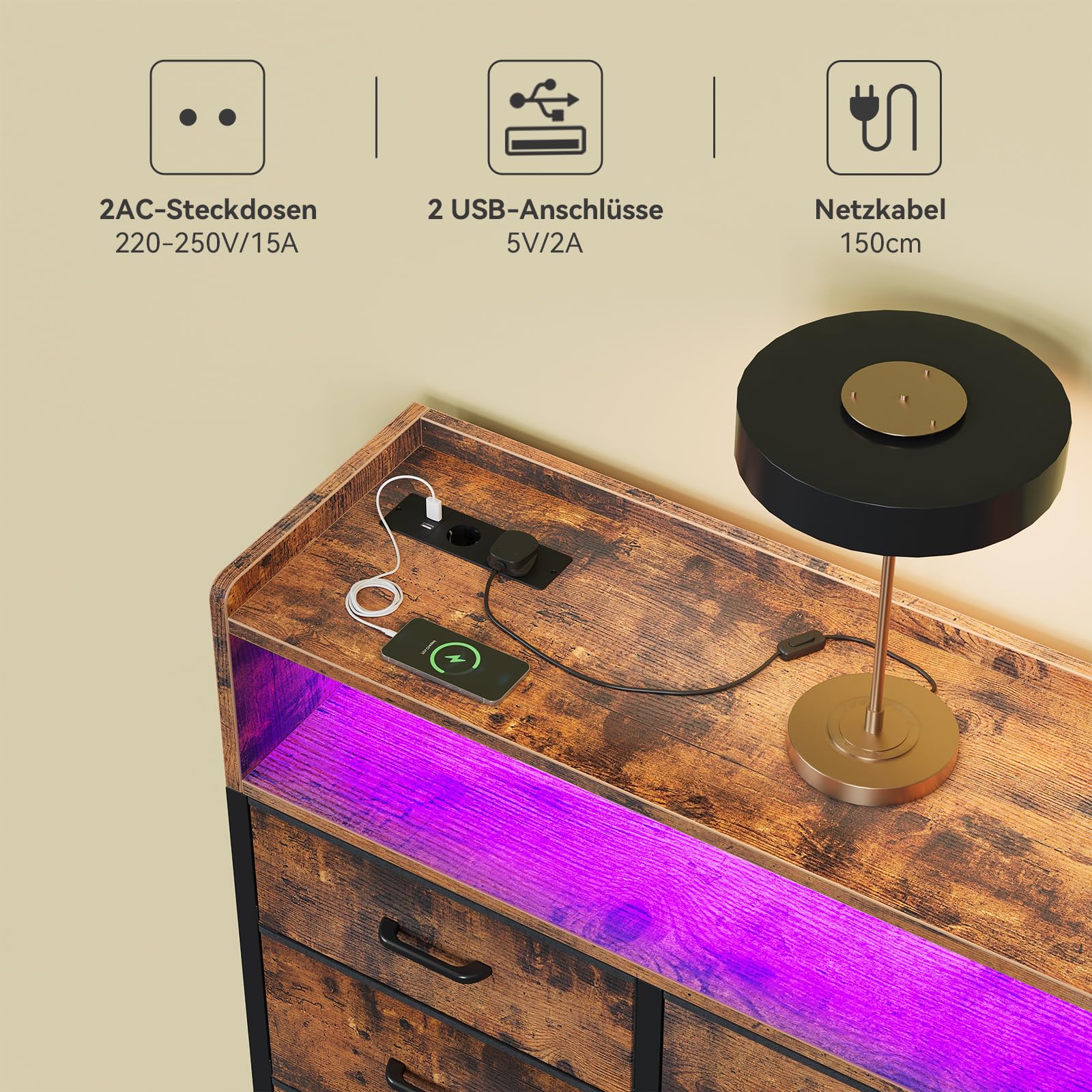 ODK Kommode mit Schubladen, Komodenschrank mit 2 Steckdosen, 2 USB und 10 Farbigen LED-Streifen, Kommode mit Regal Arbeitsplatte mit 9 Stoff Schubladen für Schlafzimmer Wohnzimmer, 130 * 30 * 97cm