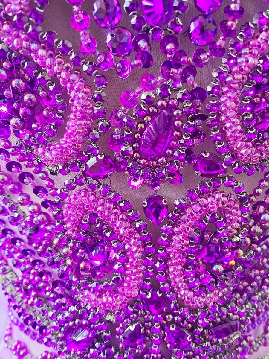 Handmade Rhinestone lace Large Bodice Applique Sewing Beads Stones Trim Patches for Dress Clothes Accessories 14.9X28.7inches (Purple)