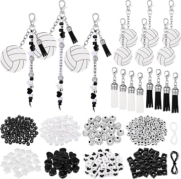 Misdary 646 Pcs Volleyball Sport Bead Keychain DIY Kit Ball Keychain Making Craft Kit Adjustable Star and Heart Cube Tassel Ball Bulk Cheerleader Team Gift Sport Jewelry Making Accessories White