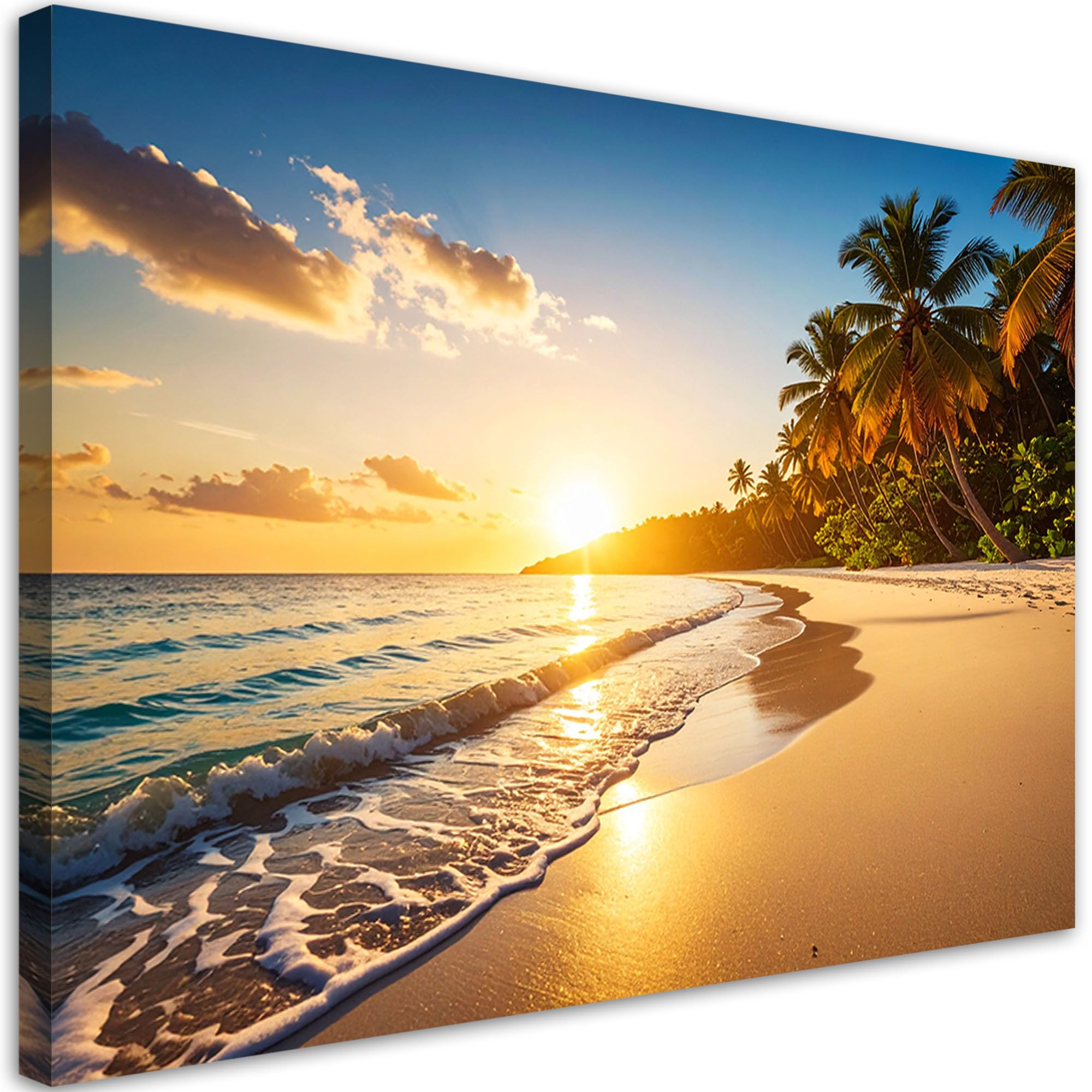 Feeby Leinwand Bilder - Bild Wohnzimmer - 100x70 1tlg - Deko Schlafzimmer Groß - Dekoration Canvas - Gemälde - Modern Wandbilder - Kunstdruck - Sonnenuntergang Strand Meer