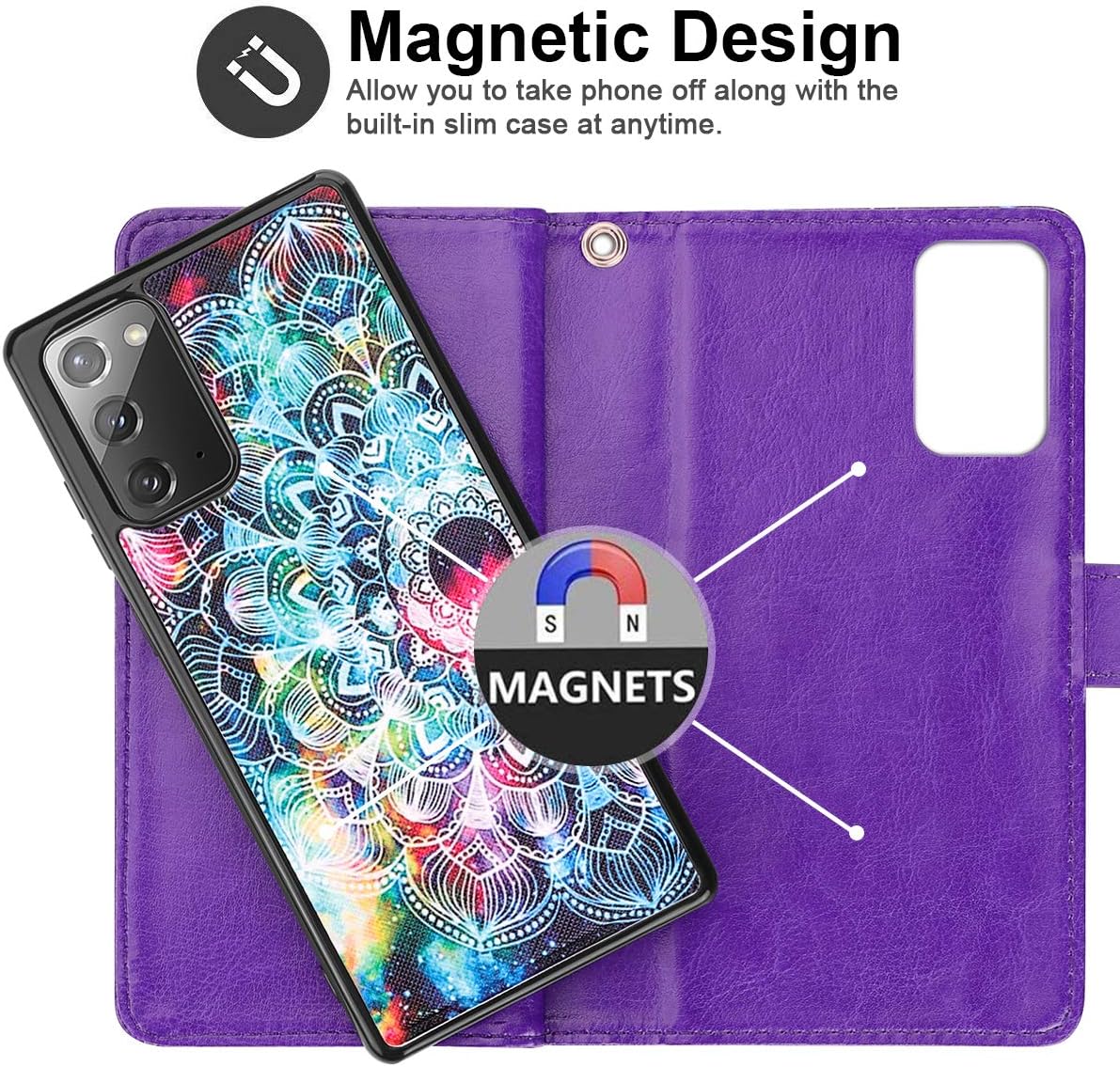 Vofolen for Galaxy Note 20 Case 5G 2-in1 Wallet Cover Magnetic Detachable Folio PU Leather Flip Case Multiple Card Holder Slot Strap Protective Slim Hard Shell for Samsung Note 20 6.7 (Mandala Purple)
