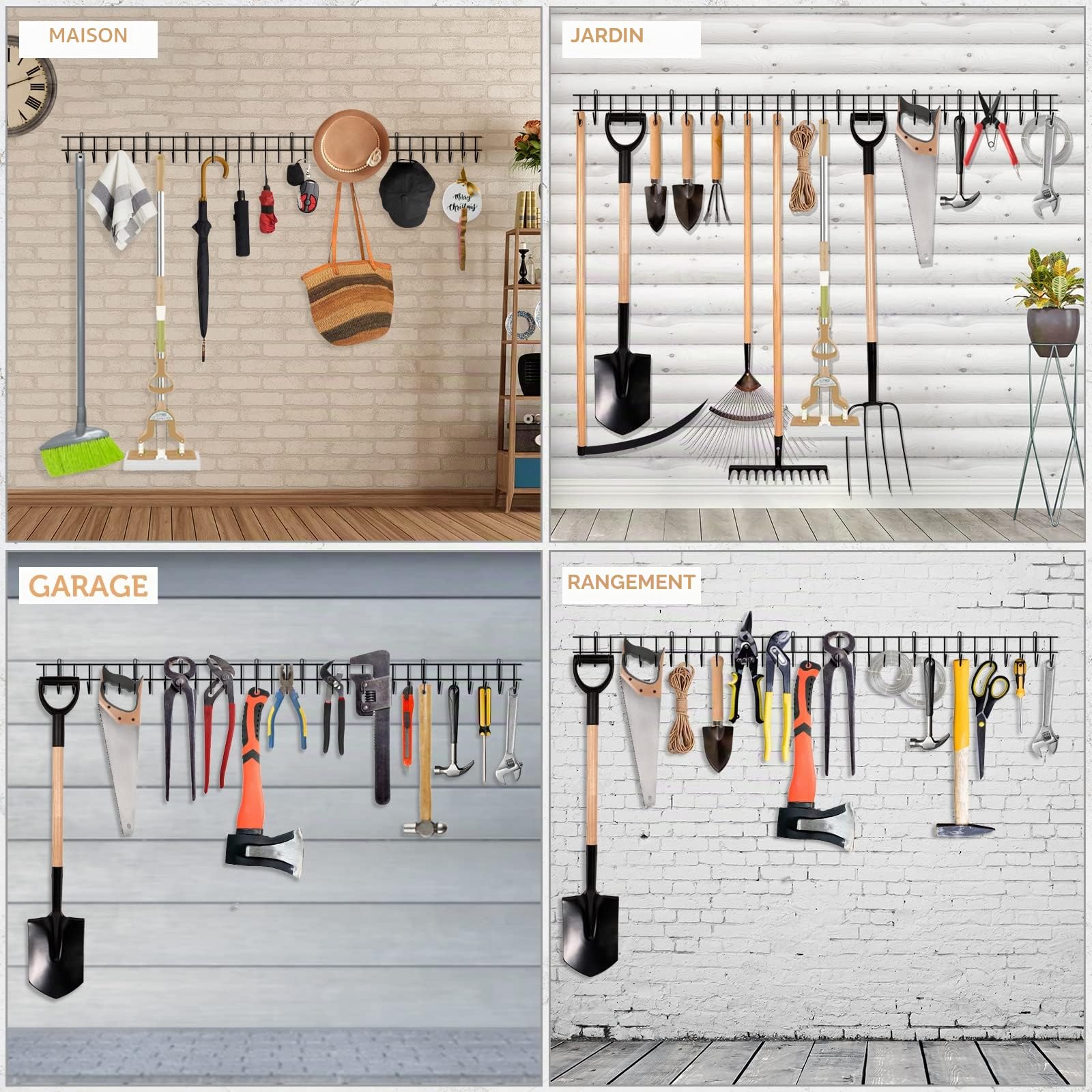 zacurter Support mural pour outils de jardin, garage, outils de jardin, crochets robustes pour outils de jardin, pelles, râteaux, tuyaux, cordes (160 cm)