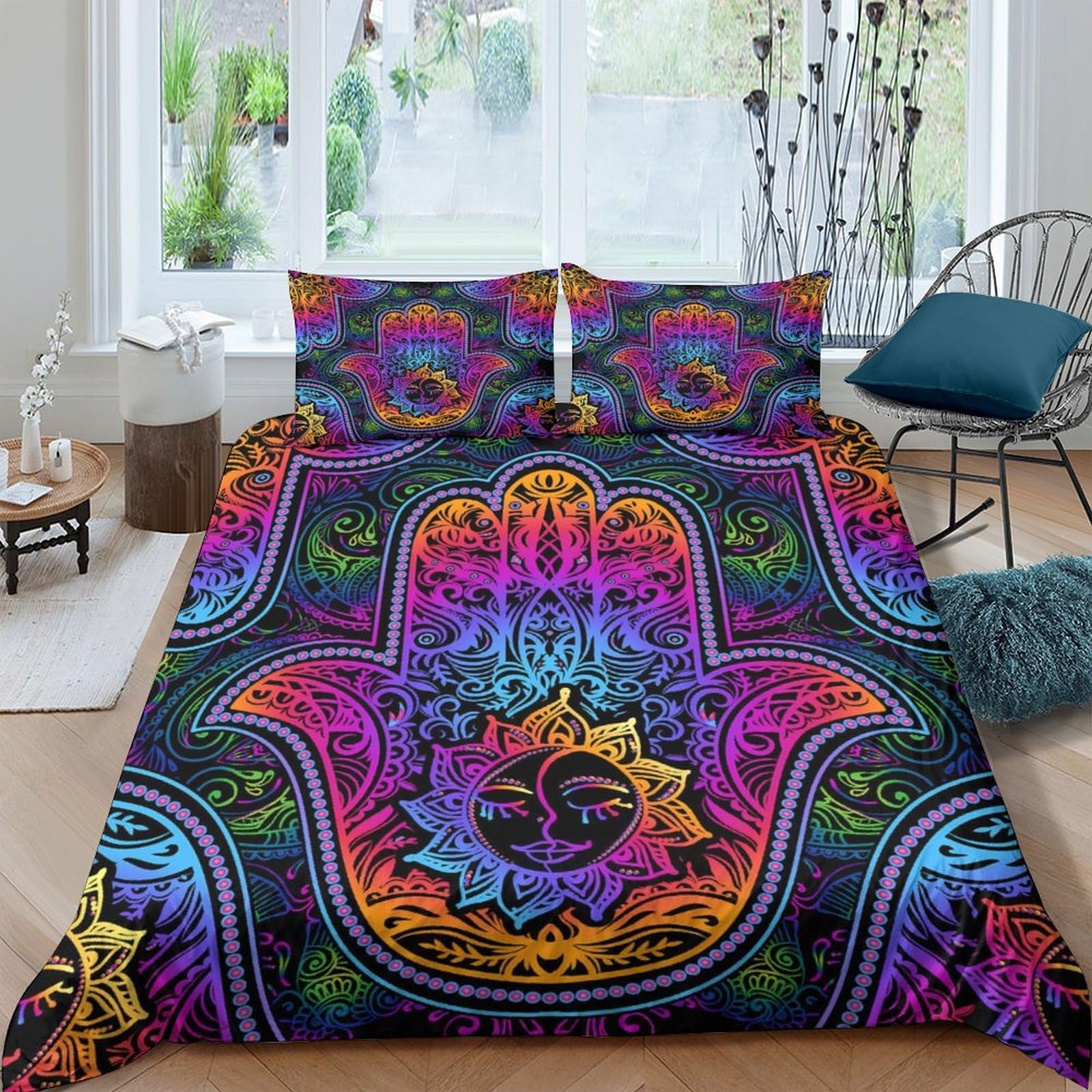 Ctjqhvkz Style-3 3D Printed Mandala Hamsa Fitted Sheet Microfiber Soft Colorful Boho Sun Moon Mattress Cover For Bedroom Decor Single（135X200cm）