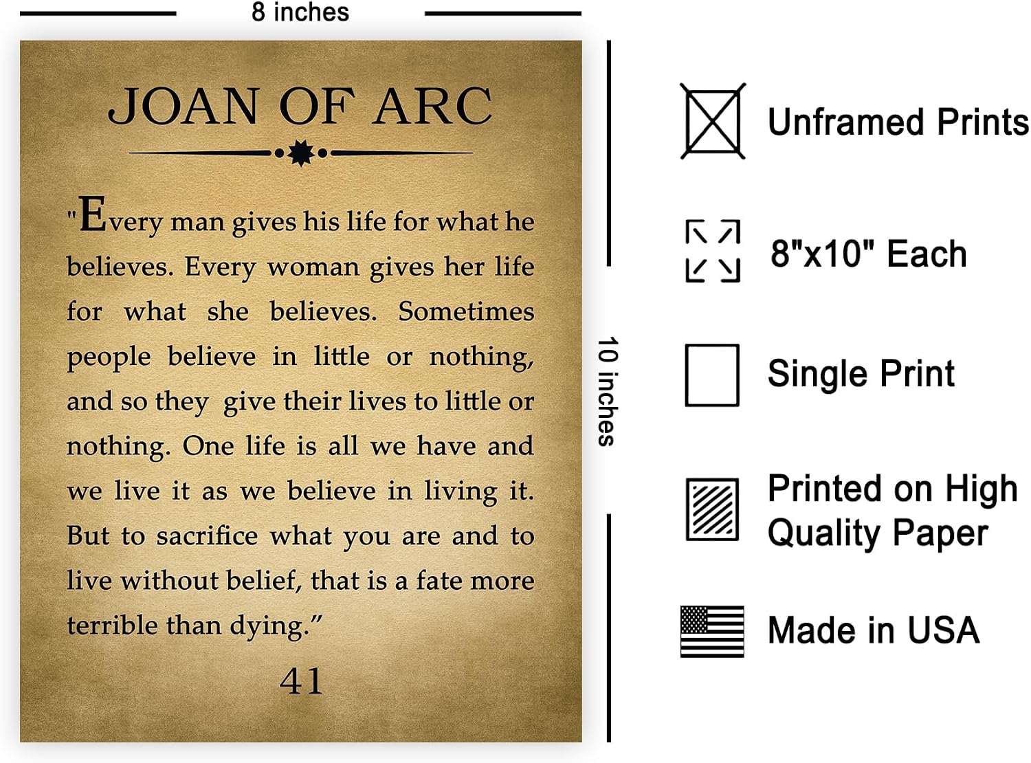 Poster Master Joan of Arc Poster - Every Man Gives His Life Print - Motivational Quote Art - Inspiring Gift for Men, Women - Religious Christian Decor for Living Room, Chapel - 8x10 UNFRAMED Wall Art