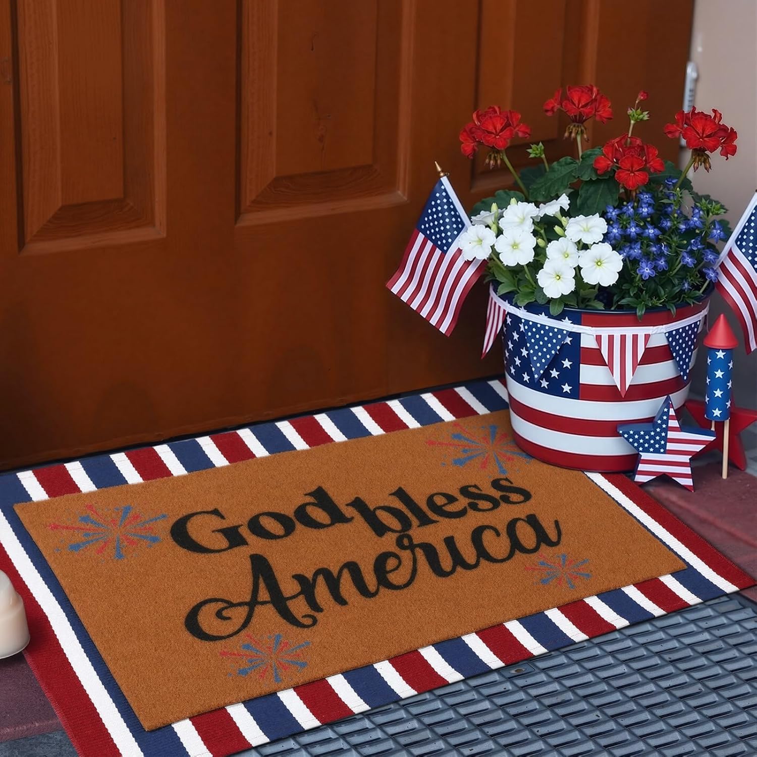 Honoson 2 Pcs Patriotic Doormat, 4th of July 250th Anniversary God Bless America Mat Red White & Blue Stripe Coir Rug for Front Door Porch Indoor Outdoor Memorial Independence Day Decor