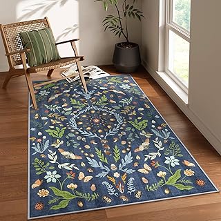 Lahome Insect Botanical 3x5 Washable Kitchen Rugs for Entryway, Soft Blue Bedroom Rug, Boho Floral Non Slip Indoor Throw Carpet for Bathroom Laundry Living Room(Dark Blue,3x5)
