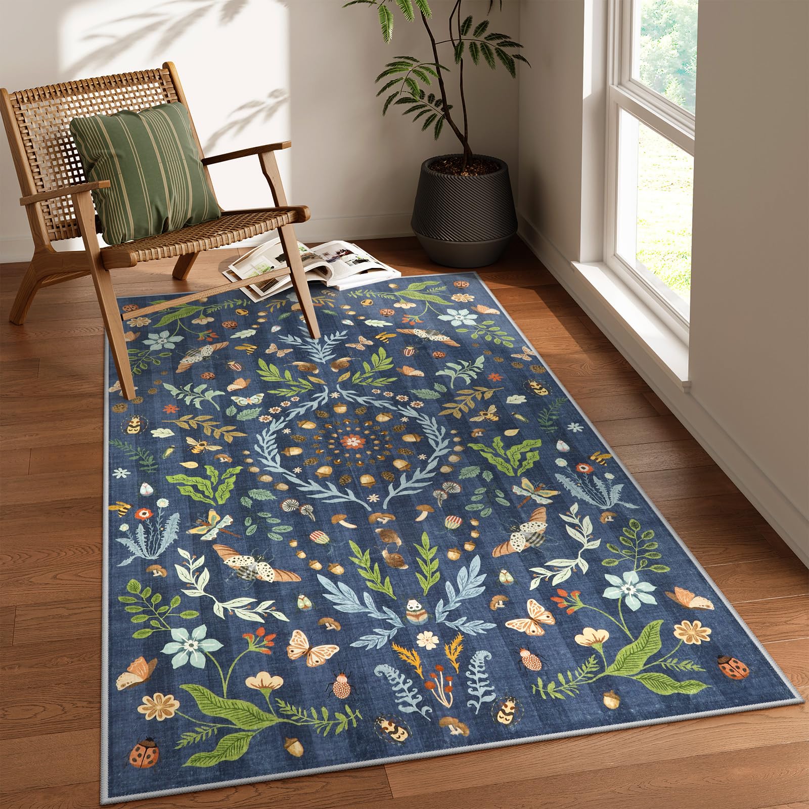 Lahome Chloe Insect Botanical 3x5 Washable Kitchen Rugs for Entryway, Soft Blue Bedroom Rug, Boho Floral Non Slip Indoor Throw Carpet for Bathroom