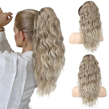 SEIKEA 18" Ponytail Extension Claw, PT002 Tia Long Multi Layered Hair Fluffy Thick Wavy Curly Clip in Hair Extensions Ponytail Natural Soft Synthetic Hairpiece for Women Ash Brown with Blonde Ends