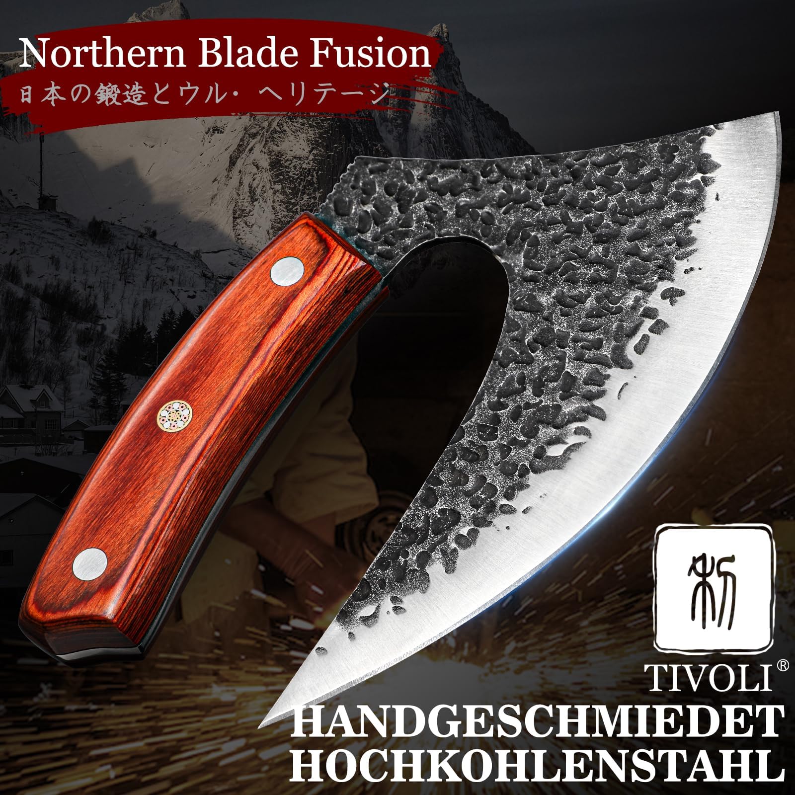 TIVOLI Professioneller Pizzamesser mit scharfer rostbeständiger Klinge aus Kohlenstoffstahl Pizza Axt aus hochwertigem Kohlenstoffstahl, Handgefertigte Pizzaschneider mit Lederscheide