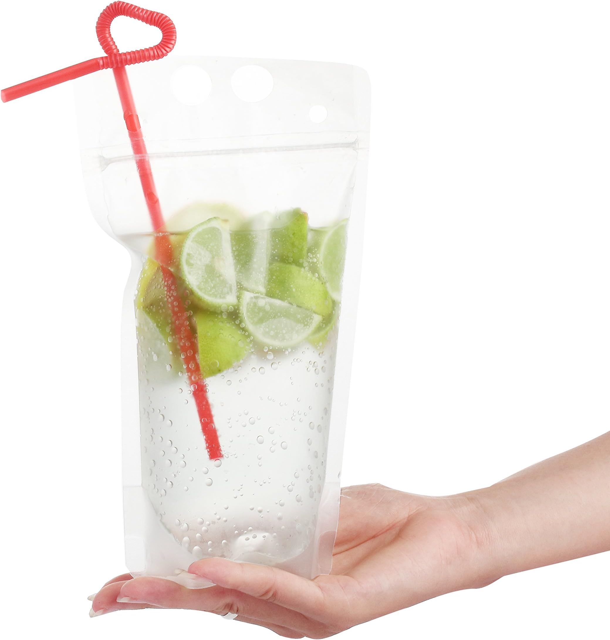 Spobiz 5.2??9.1??17oz Clear Drink Pouches Bags Heavy Duty Hand-held Translucent Zipper Stand-up Reclosable Plastic Drink Bags with Straws 1.5?? Bottom Gusset, 50 Pack