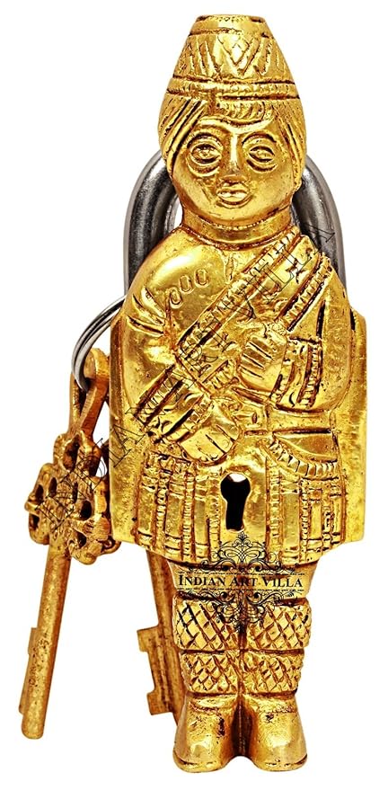 Indian Art Villa Guard Design Brass Pad Lock with 2 Keys, Door Lock Security Safety, Height 4.5
