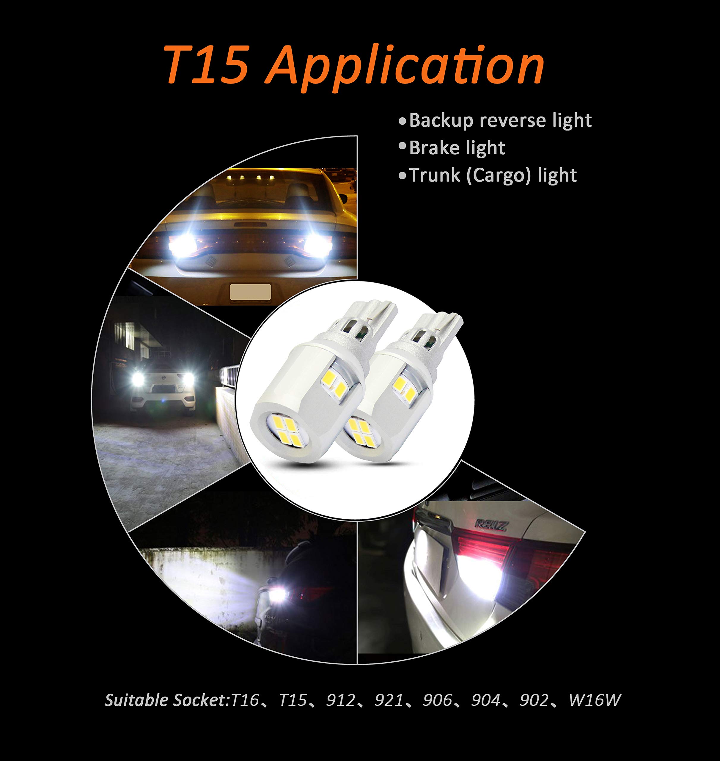 Lampa LED T15 W16W, 12V 6W, bez polaryzacji 900 lumenów 360°, Canbus brak błędu w przypadku świateł cofania motocykla samochodowego