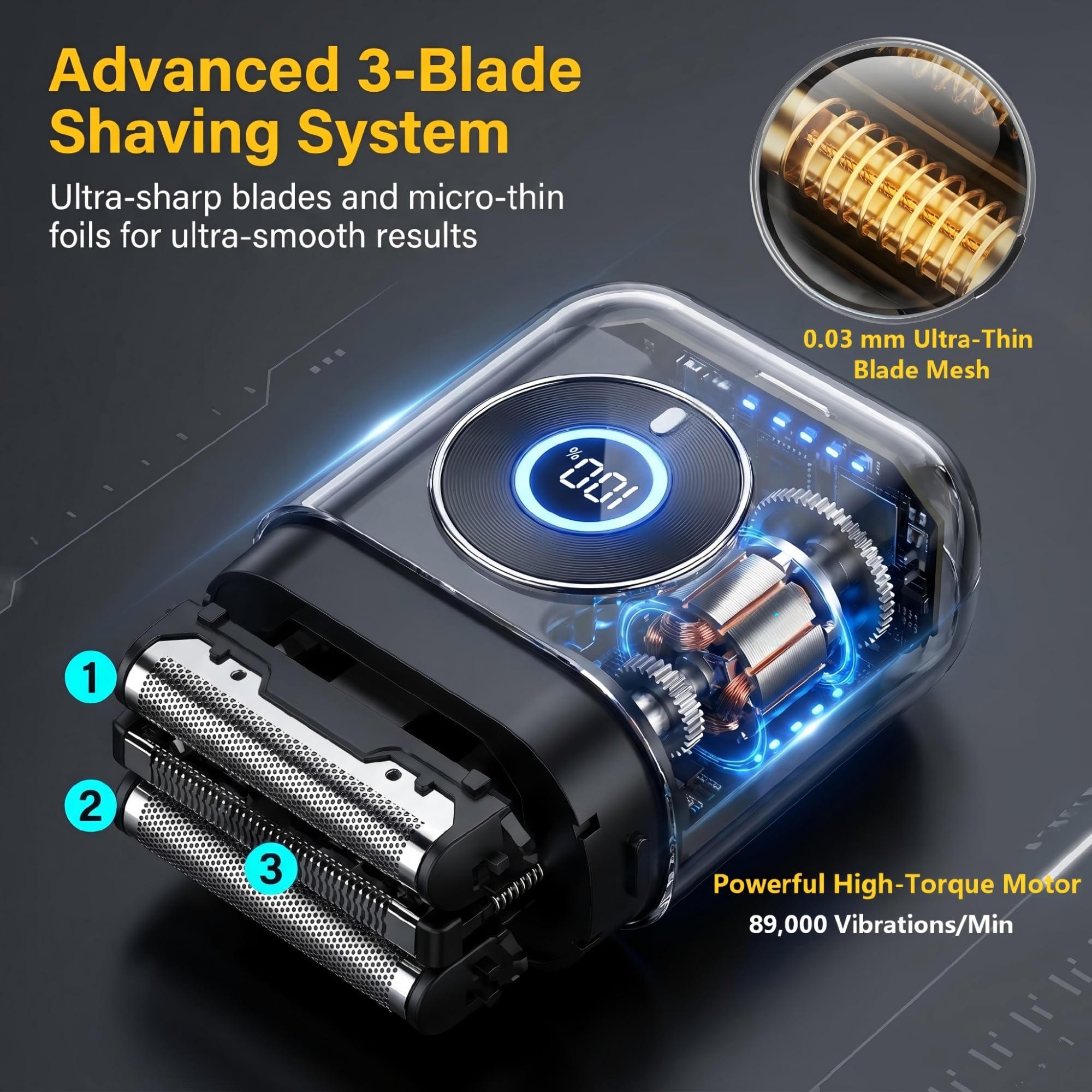 Mini Rasoio Elettrico Uomo, 3 Lame Flottanti 3D Lamina 0.03mm, 89000 Tagli/min, AI Rilevamento Intelligente, 90 Min Autonomia, Display LED, Portatile Auto Ufficio Viaggio