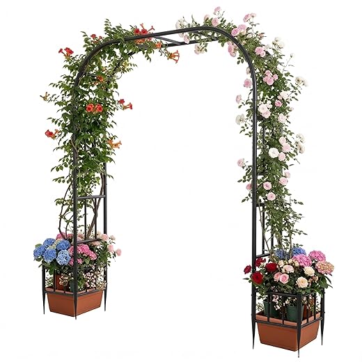 Garden Arch with Planter Boxes, Metal Arbor Trellis for Climbing Plants Outdoor, Heavy Duty Iron Archway for Wedding Ceremony Party Backyard Lawn Patio Decor, Black