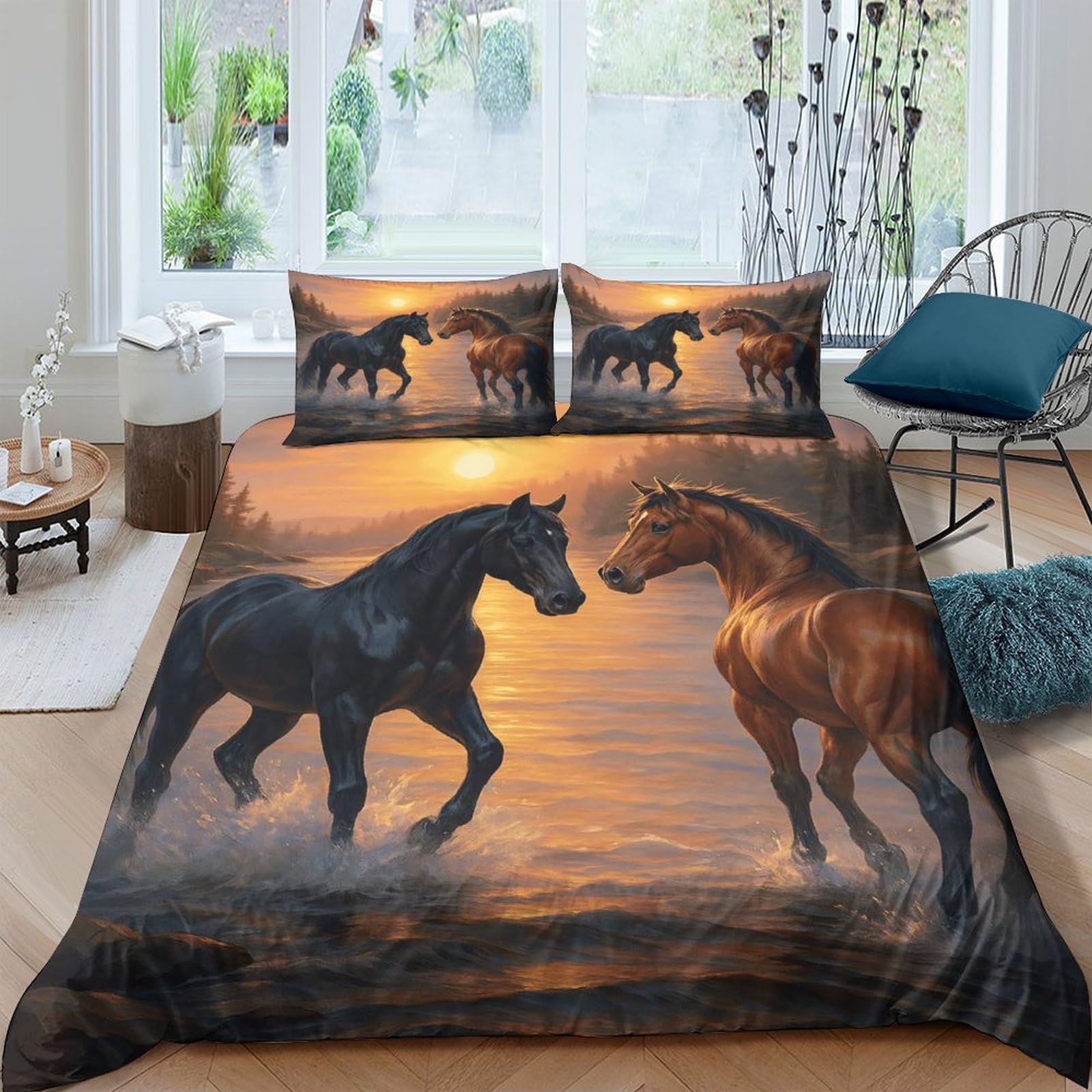Ctjqhvkz Style-1 3D Printed Sunset Wild Horses Fitted Sheet Microfiber Soft Mattress Cover For Bedroom Decor Protection Single（135X200cm）