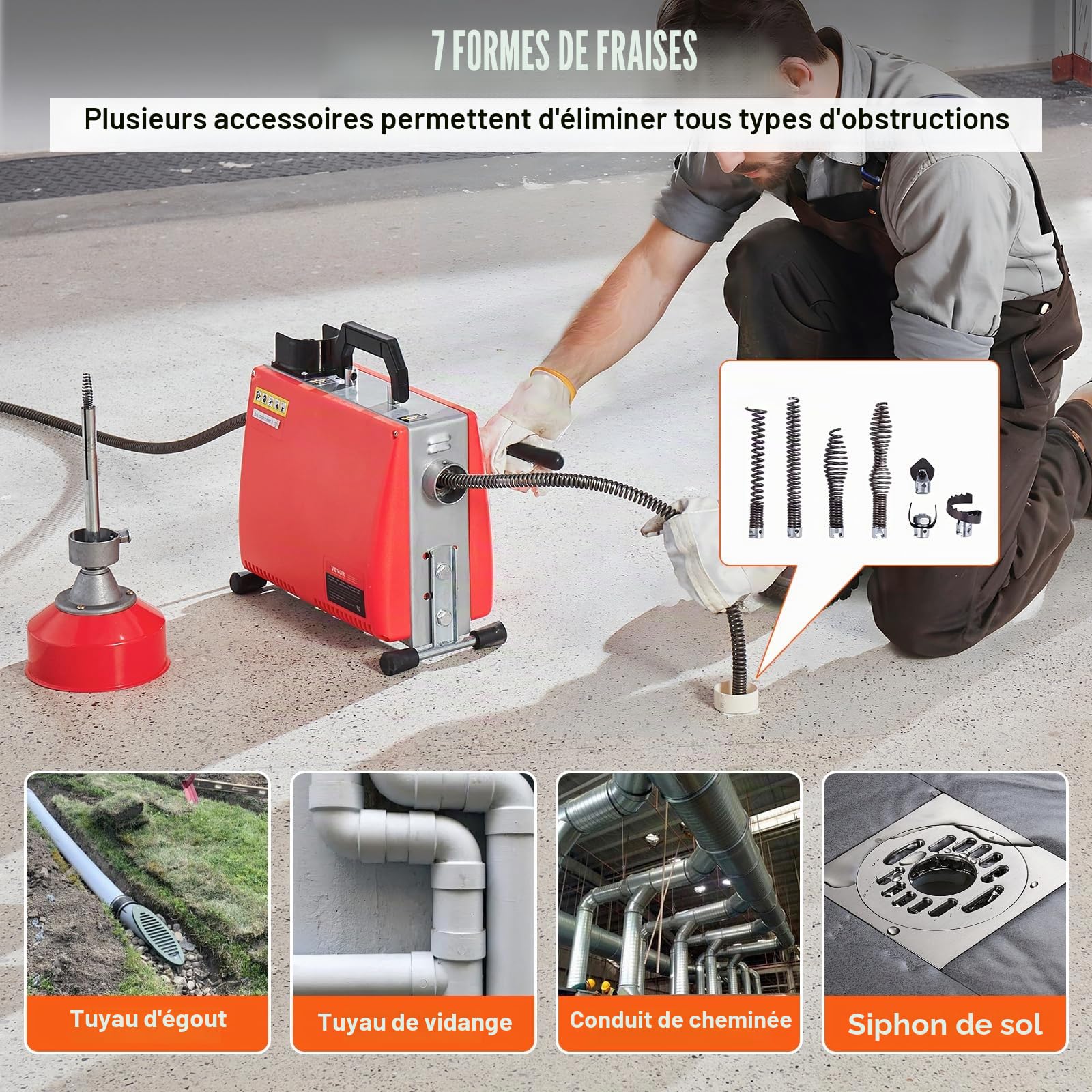 VEVOR Déboucheur Électrique Canalisation 20 m x 16 mm Machine Nettoyage Tuyaux Alimentation Manuelle 250 W, 7 Coupeurs, 2 Câbles Acier 20 m x 16 mm/4,6 m x 9,5 mm, Contrôle CW/CCW pour Tuyaux 4-10 cm