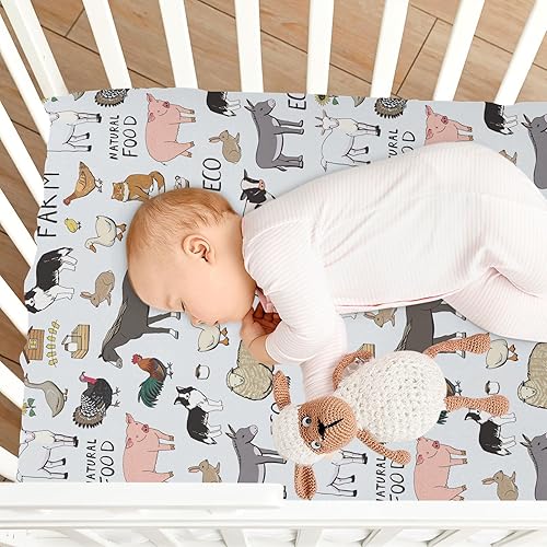 Miniatura 7 de Sábanas frescas de cuna de animales de granja para niños y niñas, 39 x 27 pulgadas, suaves y transpirables, sábanas portátiles para cunas elásticas