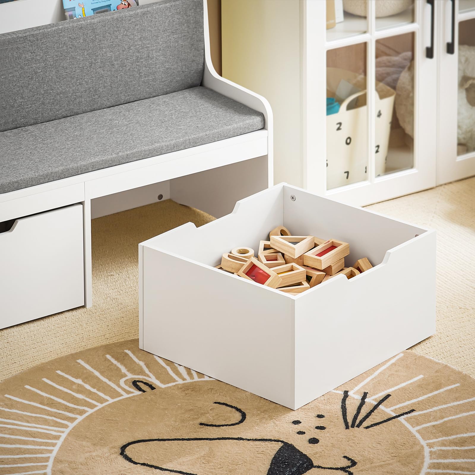 SoBuy Coffre de Rangement Enfants, Banc de Rangement pour Enfants avec Bibliothèque, 2 Tiroirs sur roulettes et Coussin d'assise, 100 x 45 x 70 cm, Blanc, KMB66-W