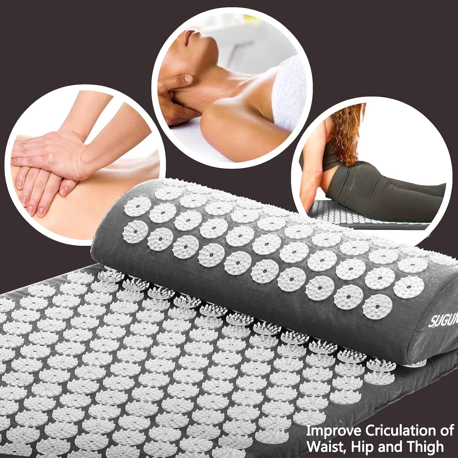SUGUNING Massage Mat and Pillow Massage Set Pain Relief Muscle Relaxation for Muscle Tension, Neck, Shoulder & Back Pain, Grey : Health & Household