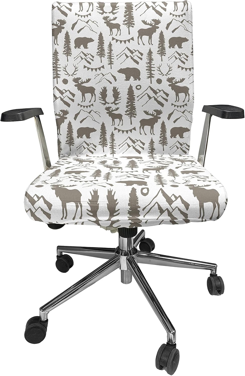 Ambesonne Northwoods Office Chair Cover, Forest Elements with Bear Moose Trees and Mountains Wildlife Nature Theme, Stretchable Decorative Universal Size High Back Printed Slipcover, Taupe White