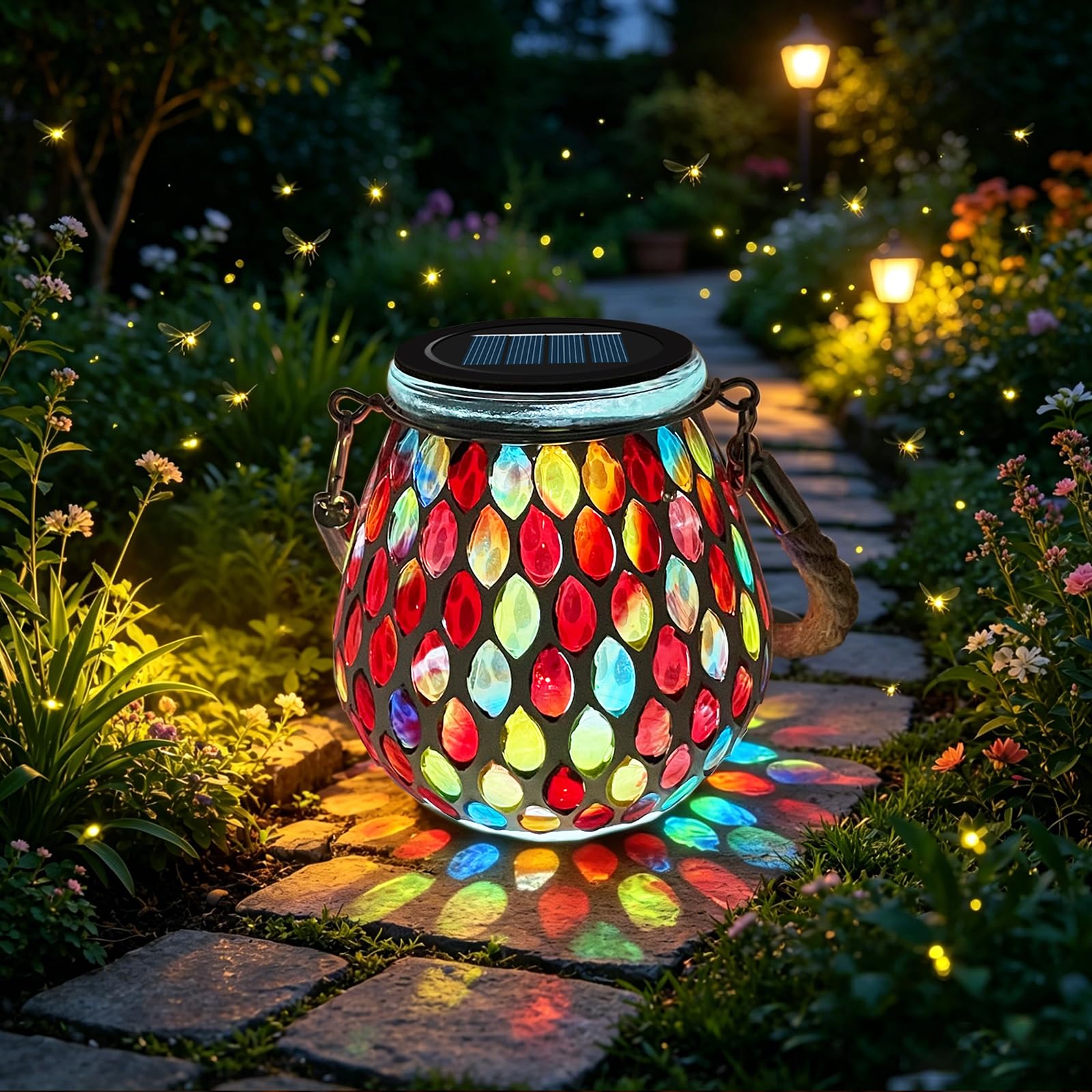 2PCS Solar Mosaik Leuchte Oval für Außen, On/Off Glas Mosaik Hängend Licht Solarlaterne Tischleuchte IP65 Wasserdicht für Rasen Pfad Hof Deck Boden Teich, Rot Mosaik Licht
