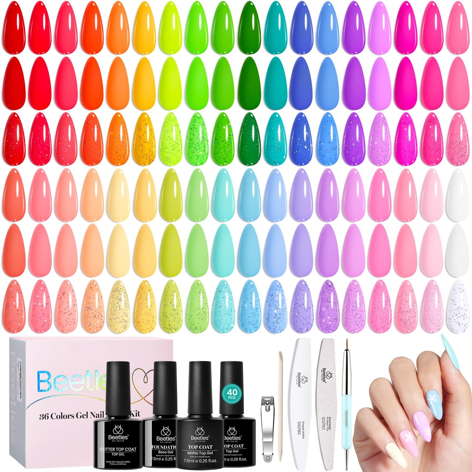 Beetles Summer Gel Polish Set - 36 Colors Neon Pastel Rainbow Bright Color Gel Polish Set with Base Coat Glossy Matte & Glitter Top Coat Pink Red Yellow Manicure Vivid Whimsy Summer Gifts for Women