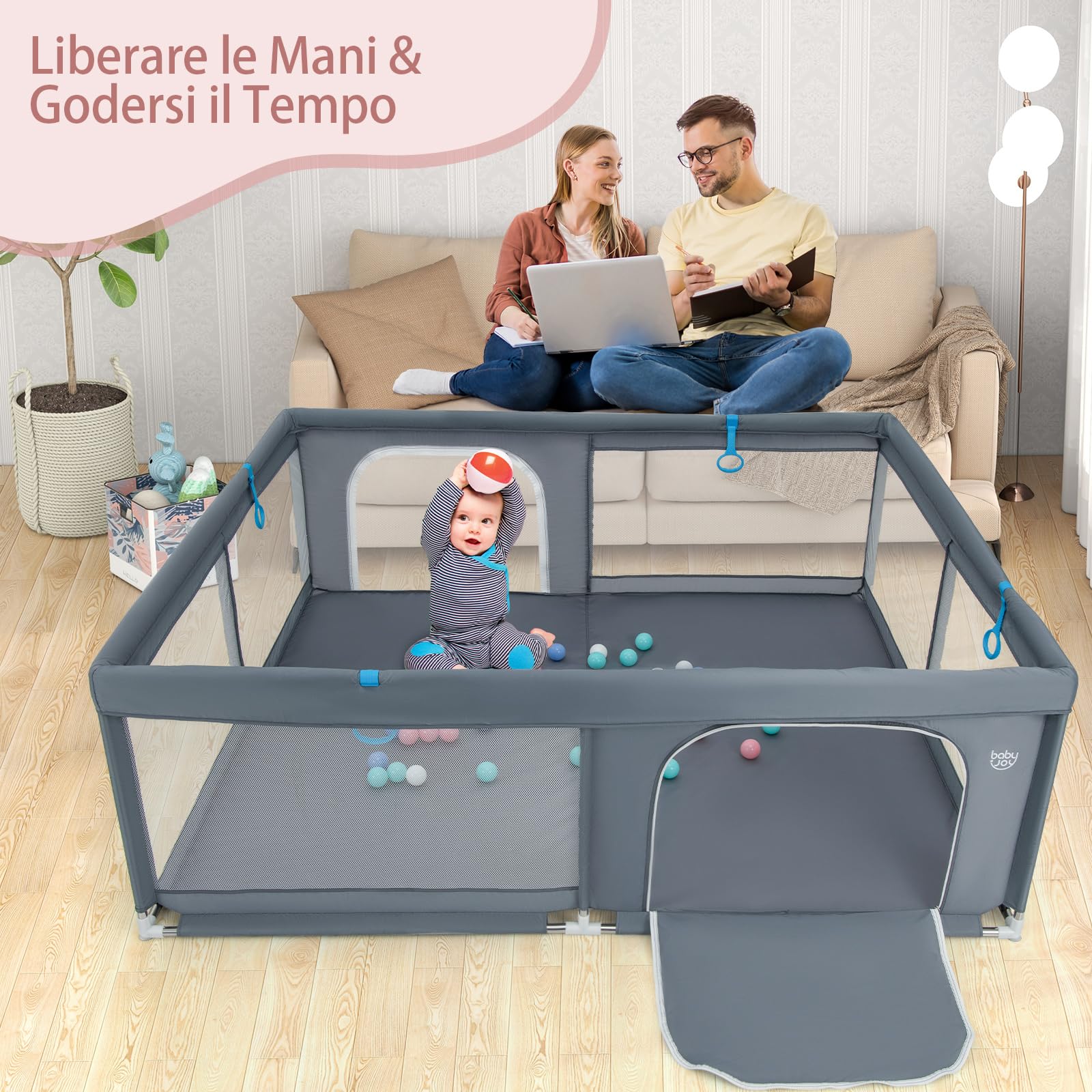 GYMAX 200 x 180 CM Recinto da Gioco per Bambini, Box per Bambini con Rete Traspirante, 50 Palline dell'Oceano e Anelli, Centro Attività con Borsa di Stoccaggio per 0-3 Anni, Blu/Verde/Grigio (Grigio)