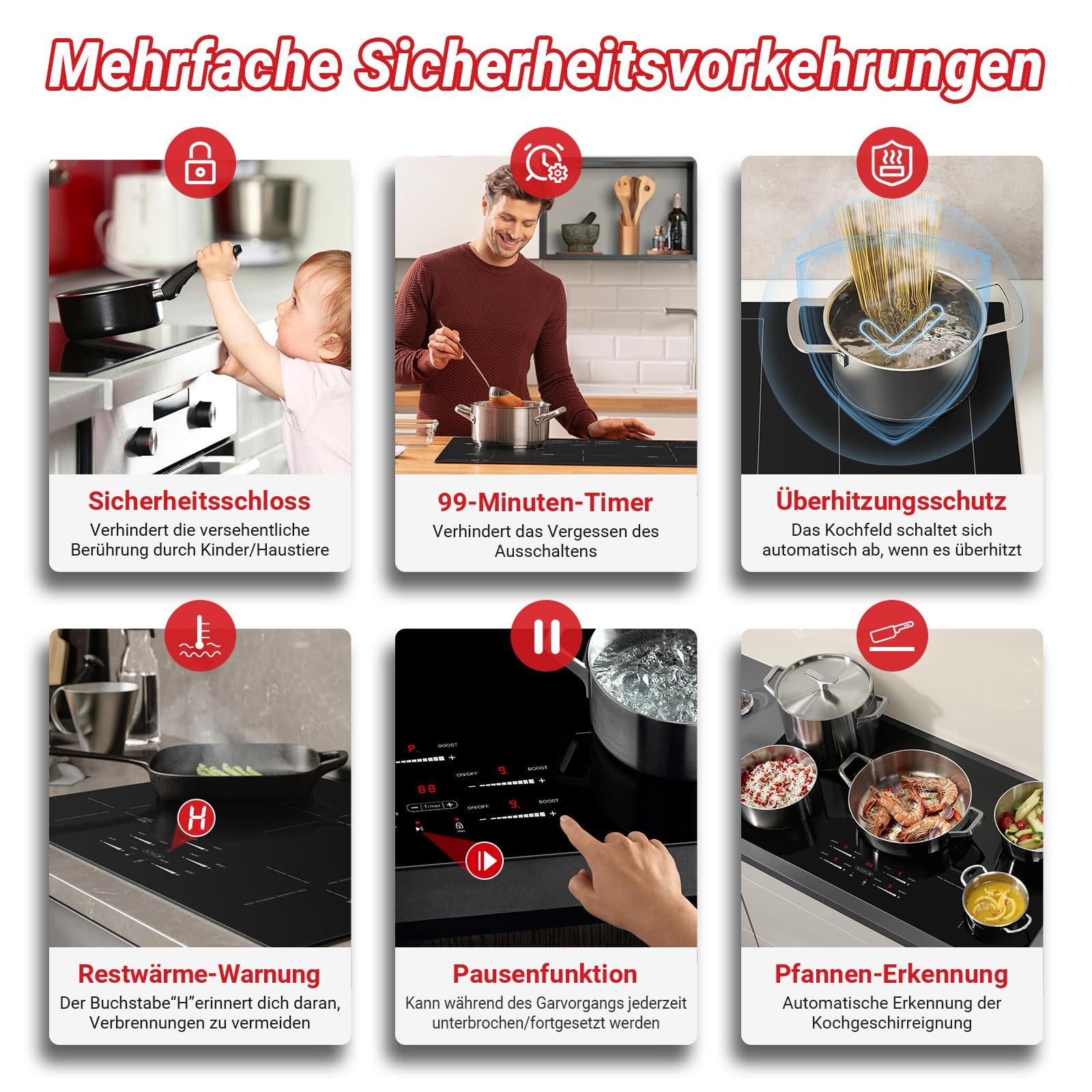 AMZCHEF Induktionskochfeld 80cm, 5 Zonen, 9500W, Booster, Slider-Steuerung