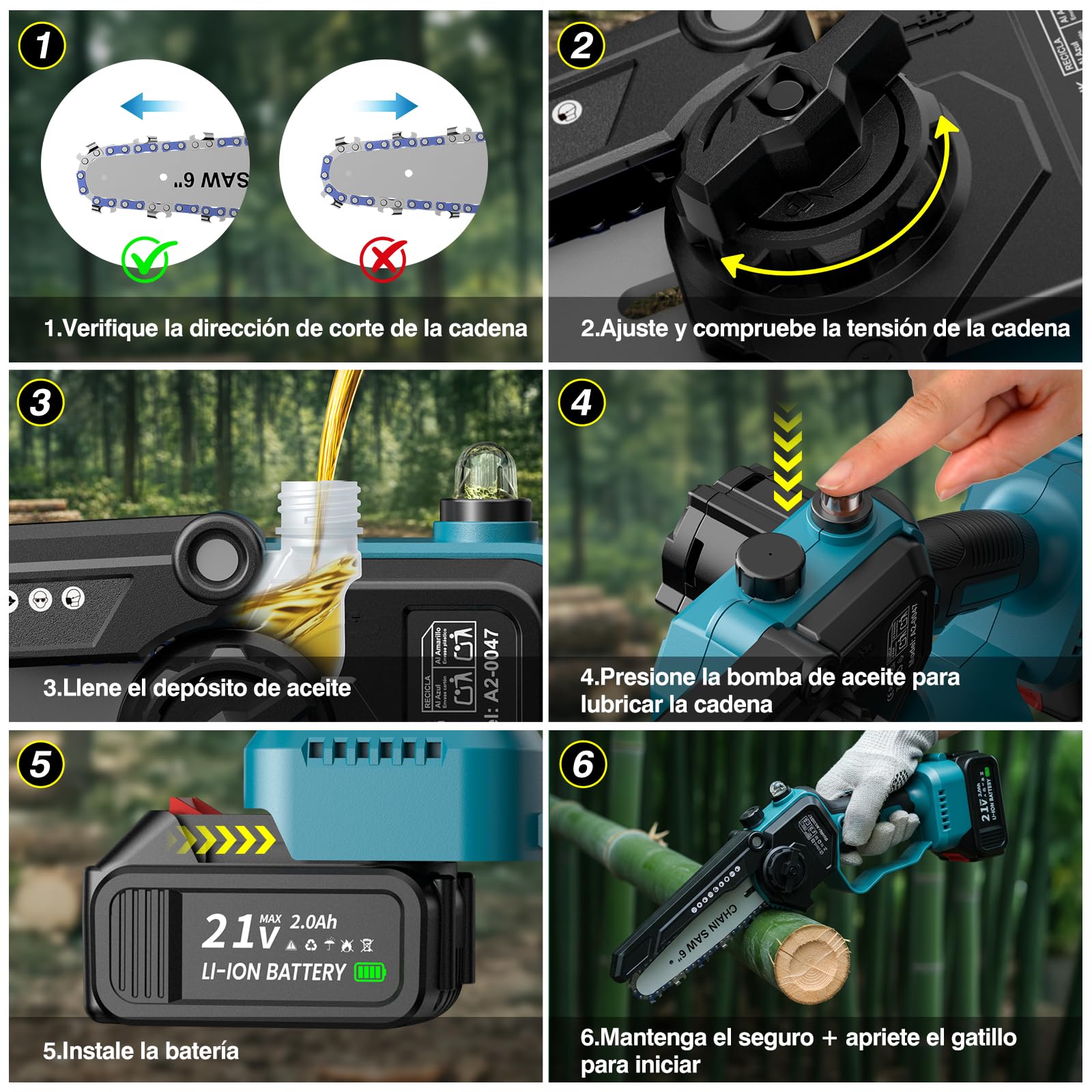 Motosierra a batería 6" - Motosierra de una mano con juego de 8" (2 en 1), engrasador automático, tensión de cadena sin herramientas, maletín, 2 barras guía y 2 cadenas con cubrecuchillas, sin batería